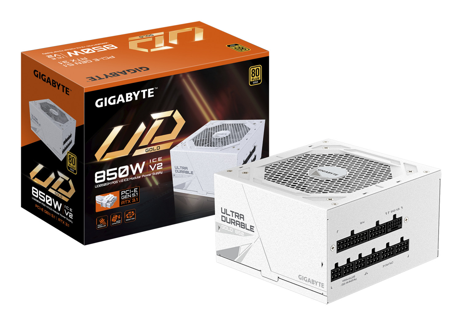Alimentatore modulare bianco Gigabyte UD 850W V2 e la sua scatola, con accenti oro e neri.