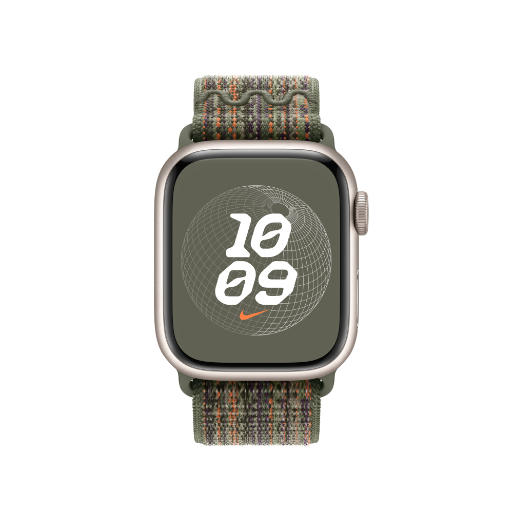 Eine Smartwatch mit einem bunten Armband und einem Zifferblatt, das 10:09 anzeigt.
