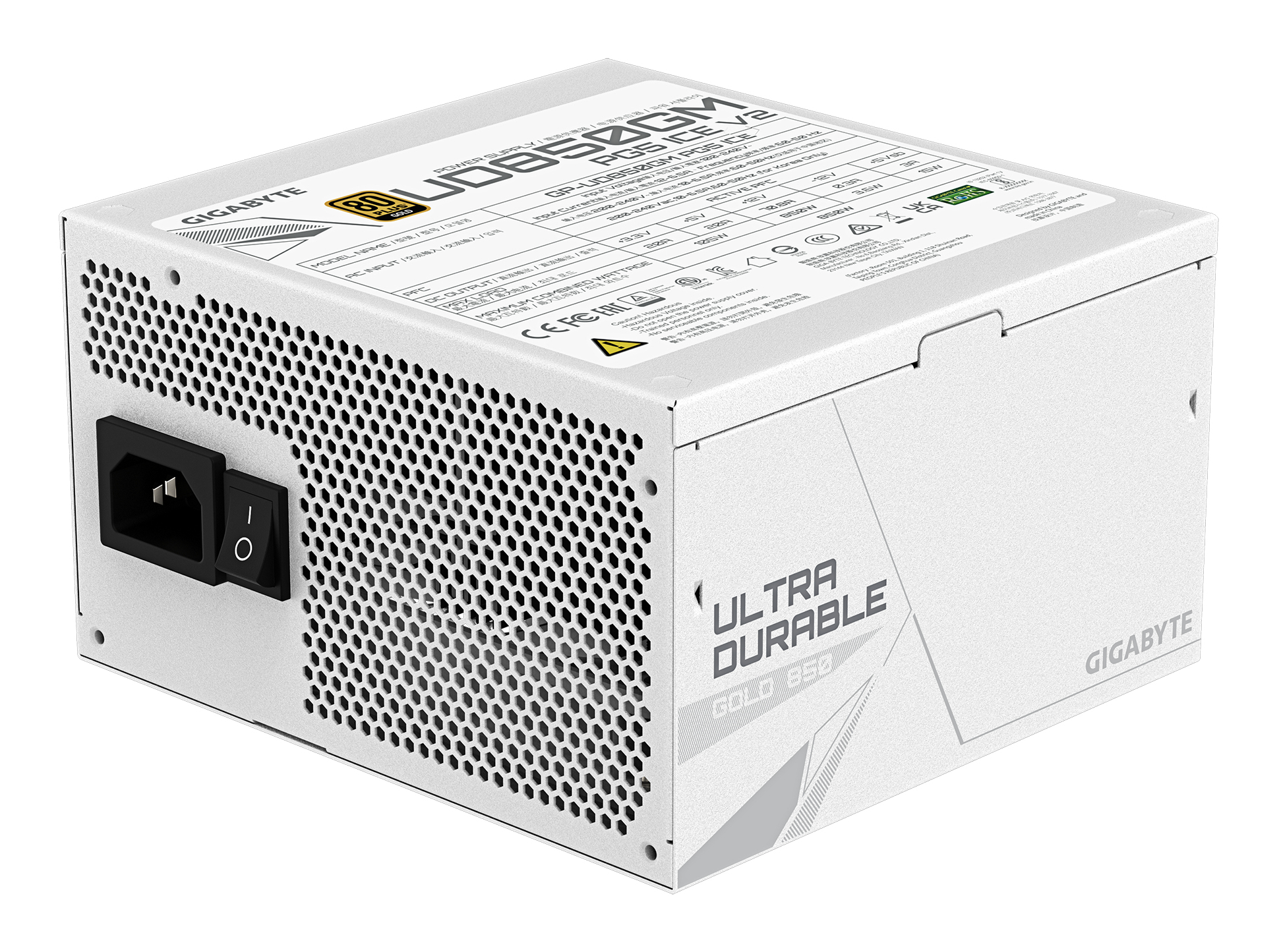 Un alimentatore Gigabyte bianco con prese d'aria a nido d'ape ed etichette.