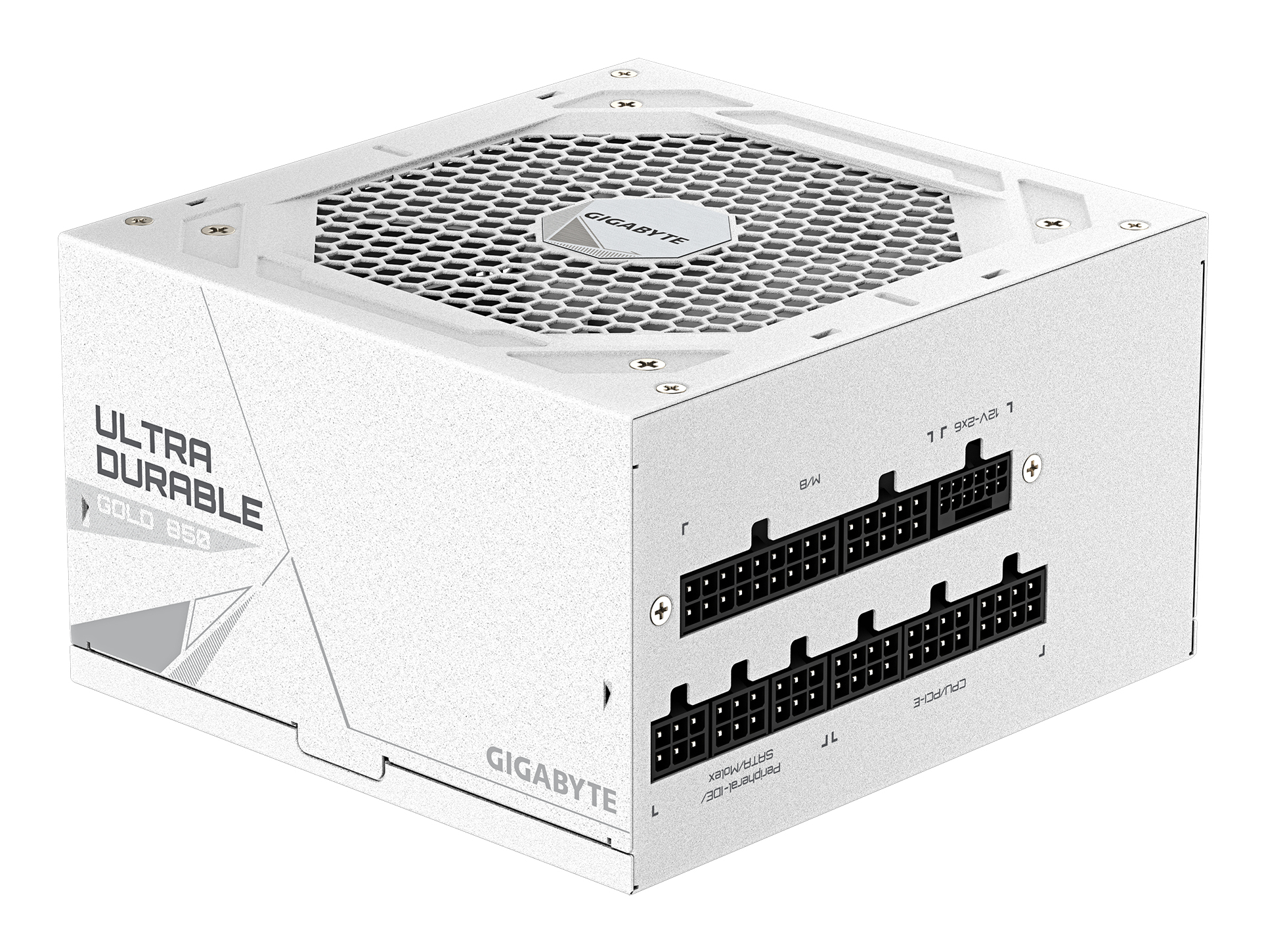 Alimentatore Gigabyte Ultra Durable Gold 850W bianco con porte.