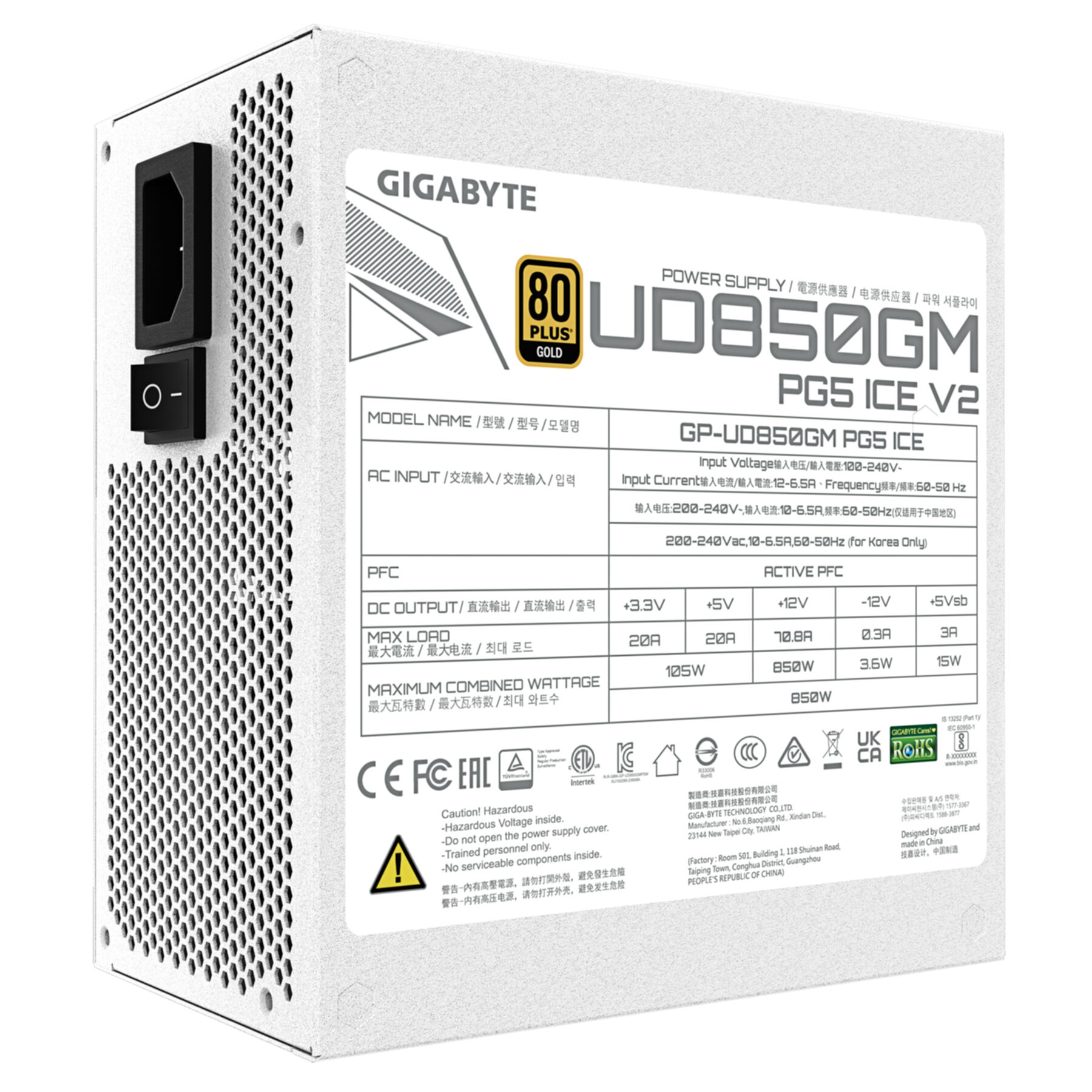 Un alimentatore bianco GIGABYTE UD850GM con certificazione 80 PLUS Gold e specifiche.