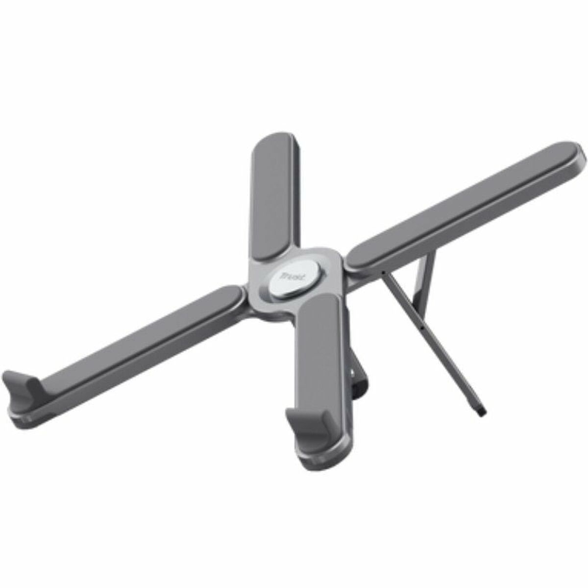 Un supporto per laptop pieghevole grigio con quattro bracci estensibili e impugnature in gomma.