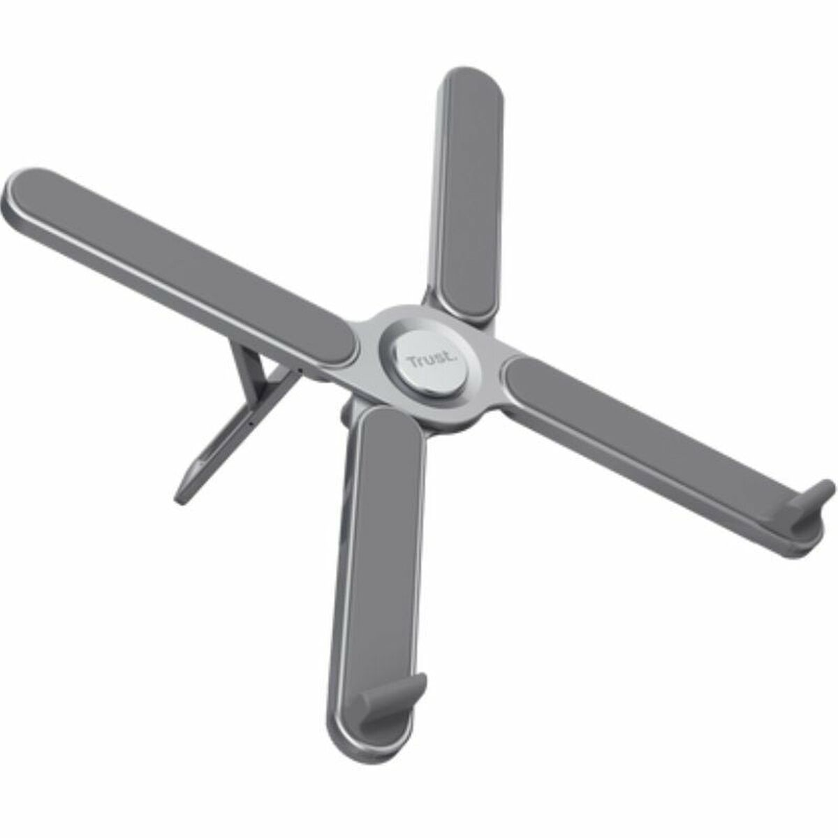Un supporto pieghevole per laptop grigio con perno centrale e quattro bracci angolati.