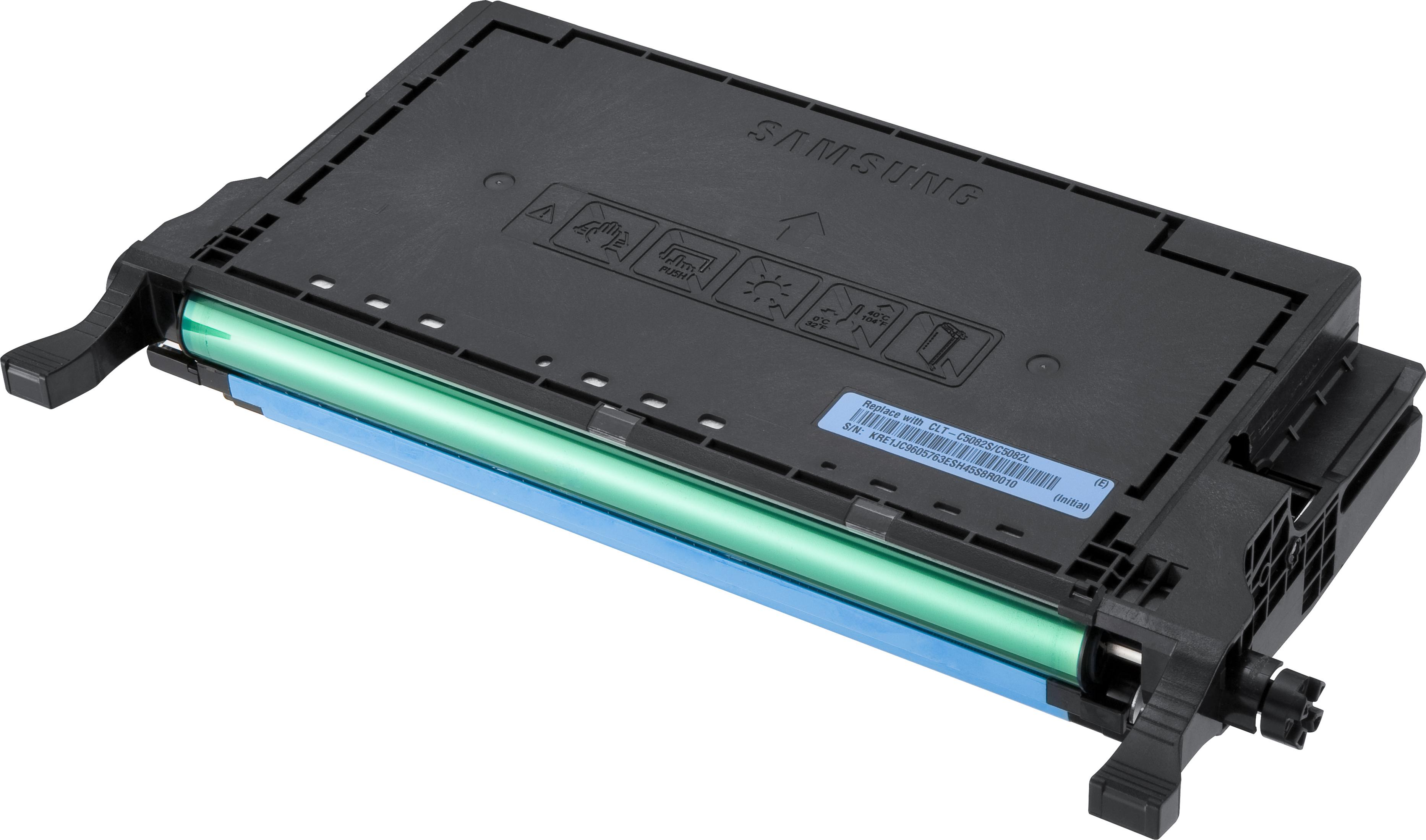 Cartuccia toner Samsung nera con tamburo verde e coperchio blu.