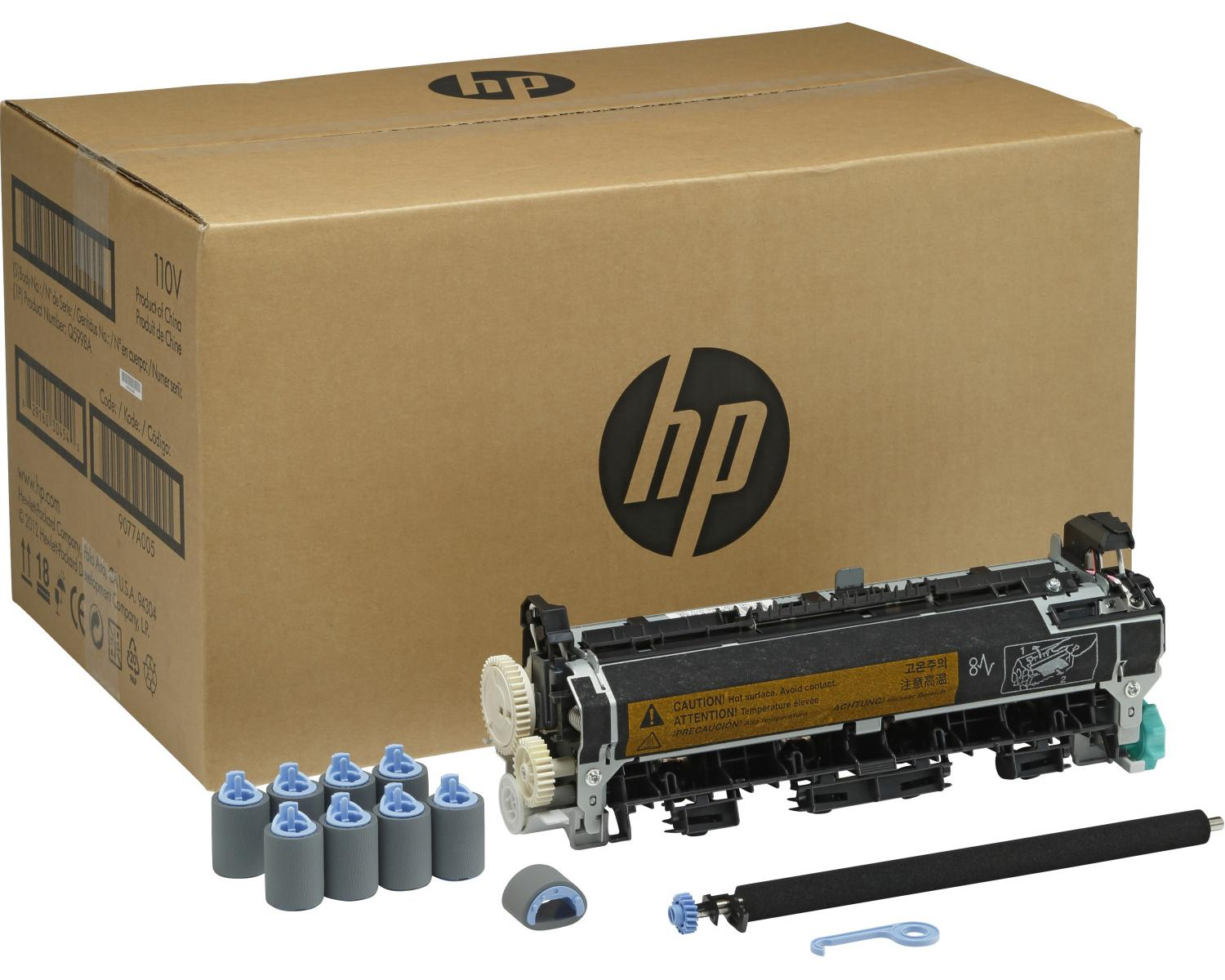 Scatola HP con fusore stampante e rulli toner. Attenzione: superficie calda.