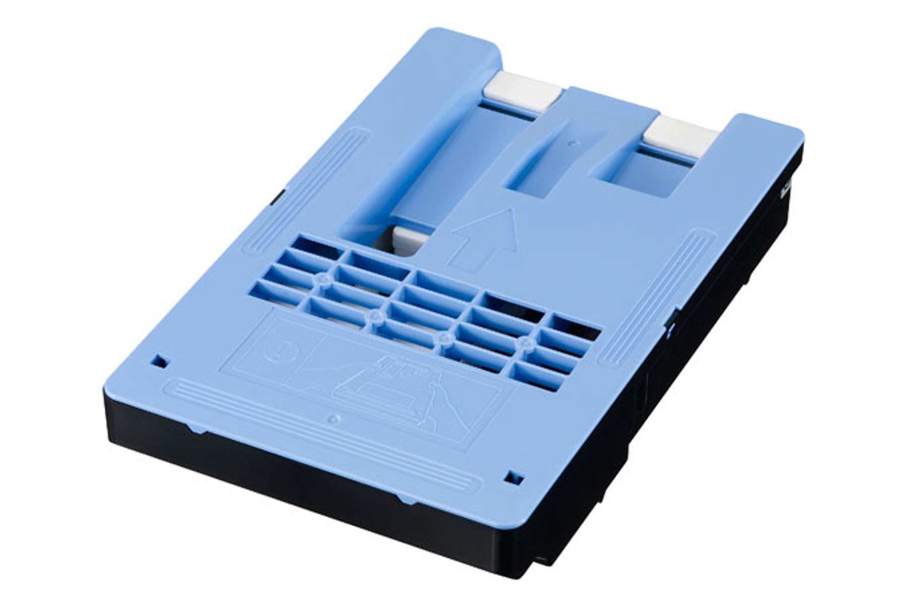 Vassoio carta blu in plastica con base nera e clip bianche su sfondo bianco.