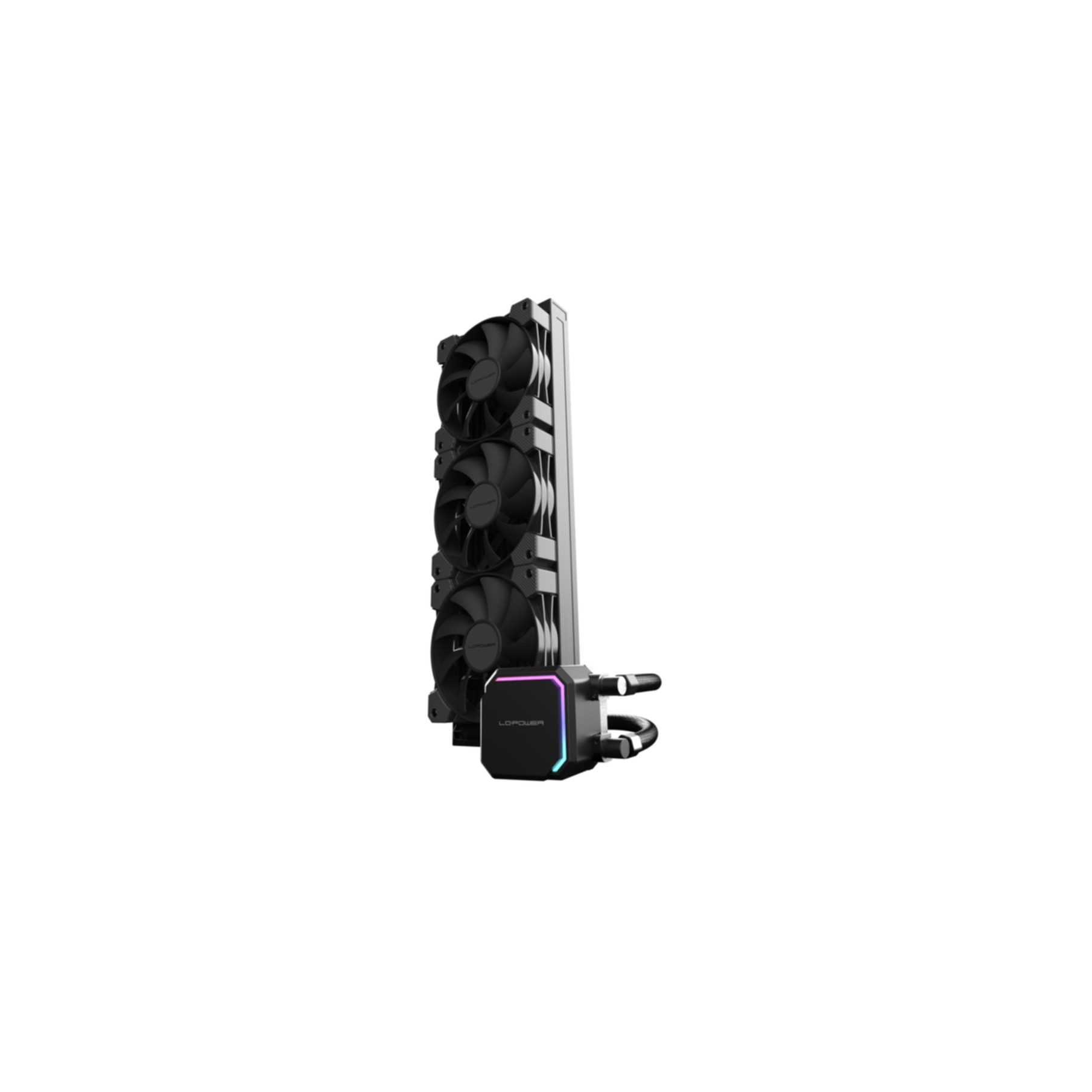 Un dissipatore per CPU nero con tre ventole e illuminazione RGB sul corpo della pompa.