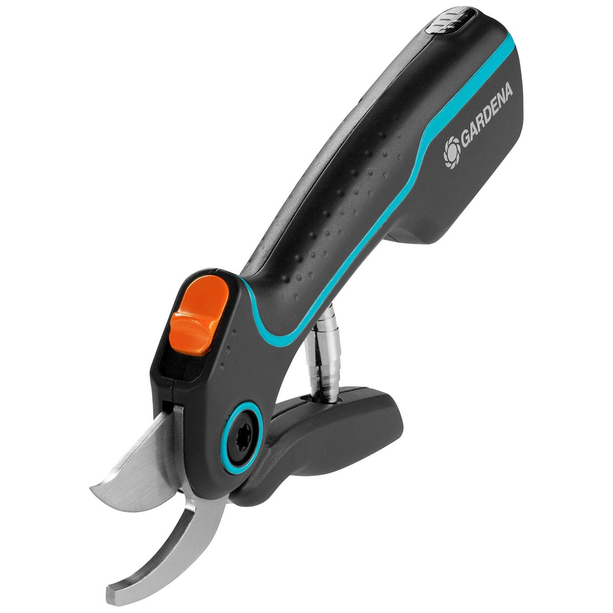 Forbici elettriche Gardena nere con bordo blu e pulsante arancione.