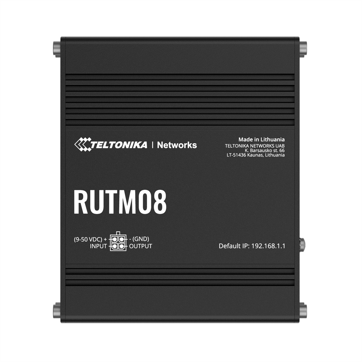 Dispositivo Teltonika RUTM08 nero con porte di ingresso e uscita alimentazione. Fabbricato in Lituania.