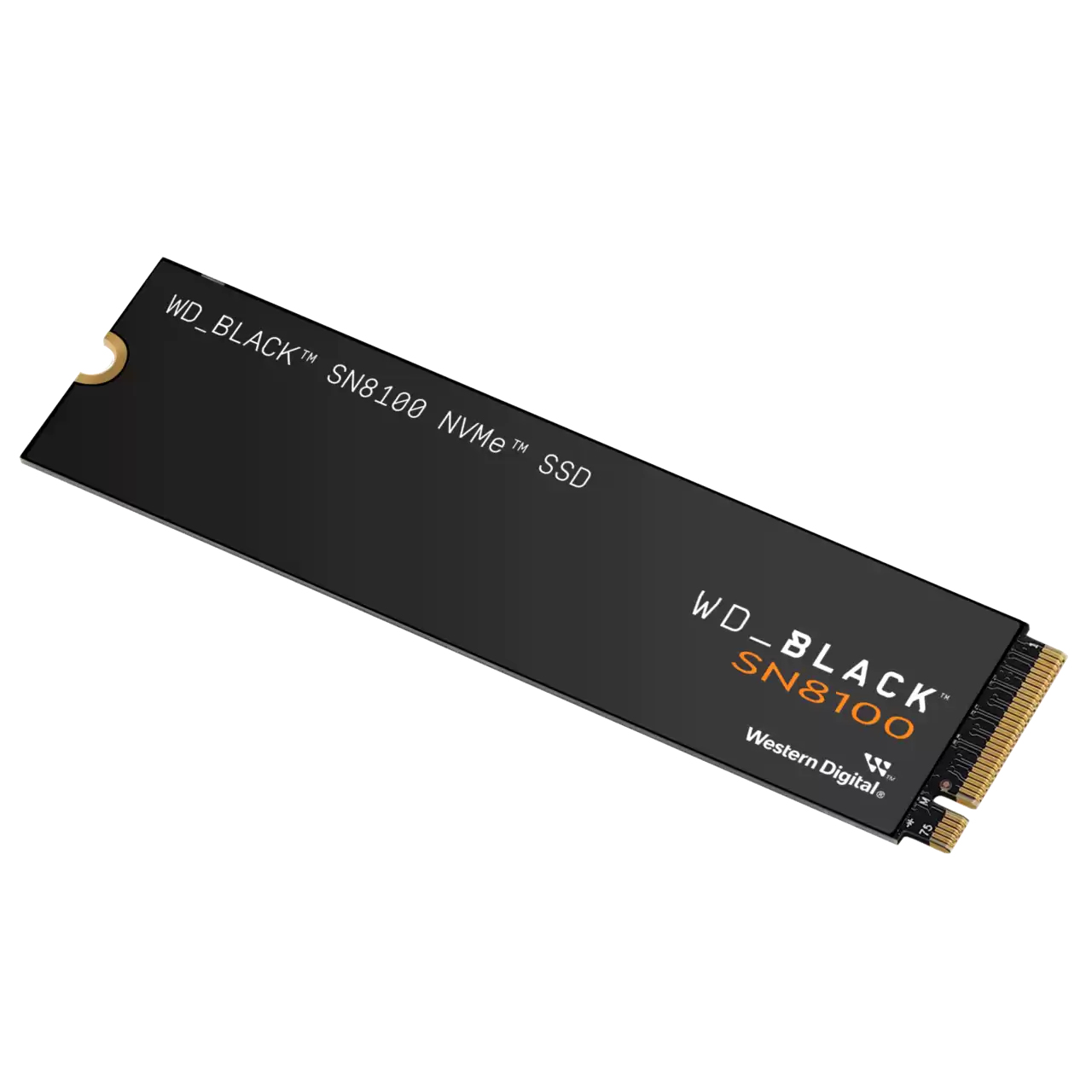SSD NVMe WD_BLACK SN8100 noire avec broches dorées sur fond blanc.