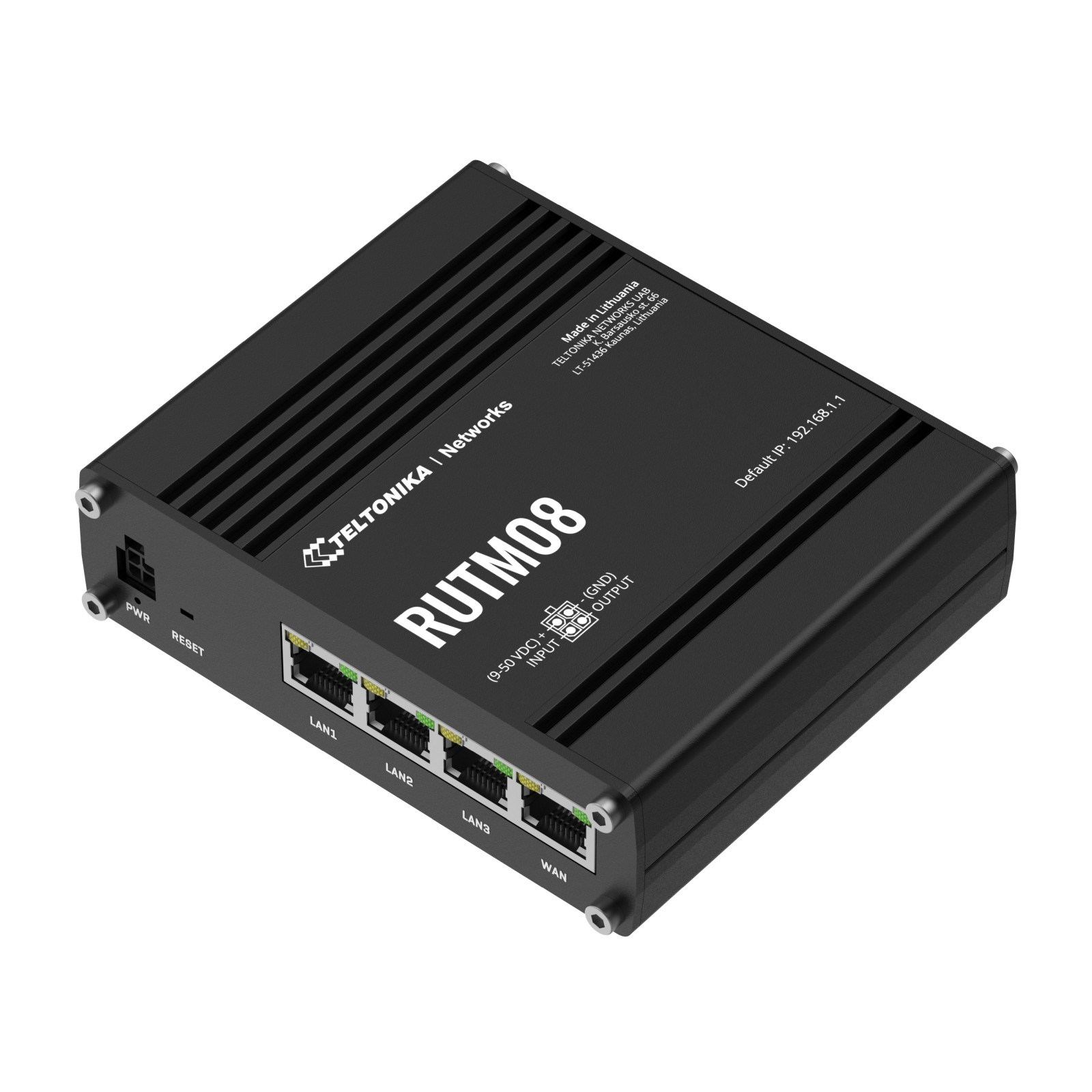 Router Teltonika RUTM08 nero con porte PWR, RESET, 4 LAN e WAN.