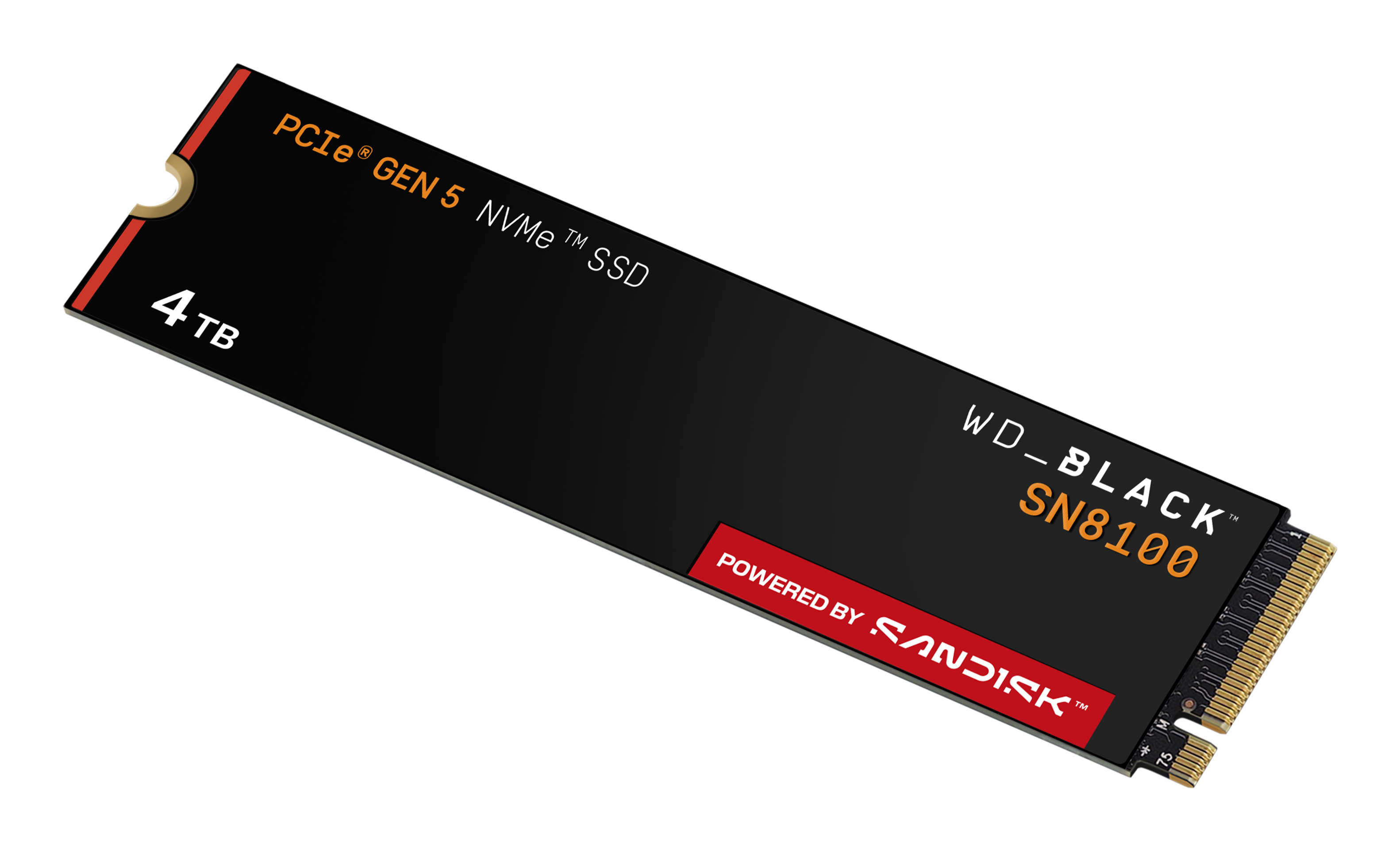 SSD NVMe WD_BLACK SN8100 noire 4TB avec PCIe Gen 5 et texte orange.
