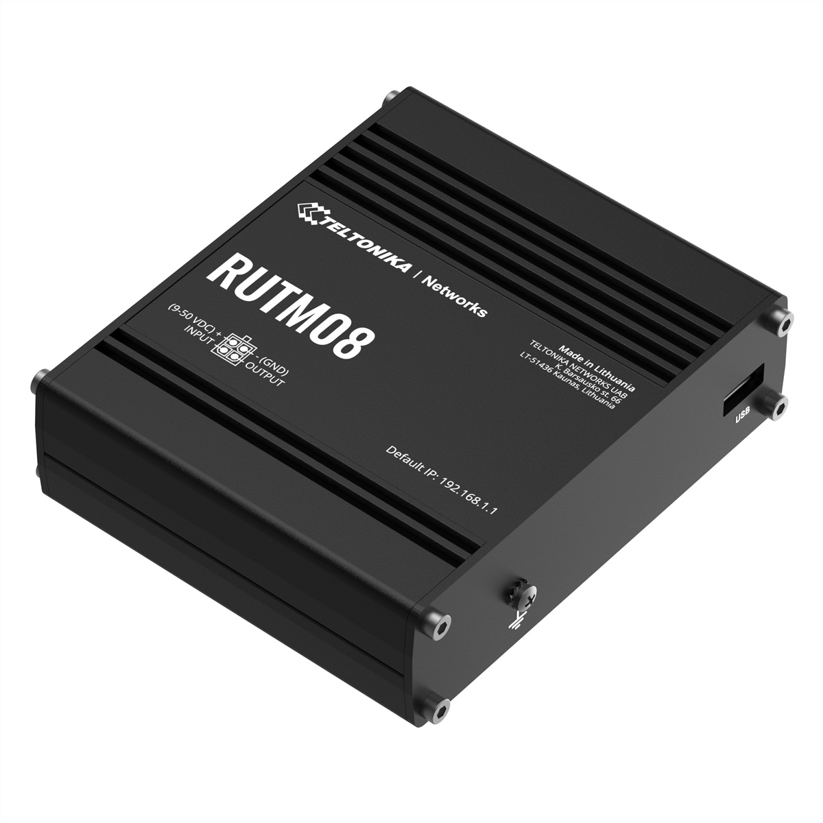 Router Teltonika RUTM08 nero con porte di ingresso/uscita e USB. IP predefinita 192.168.1.1.