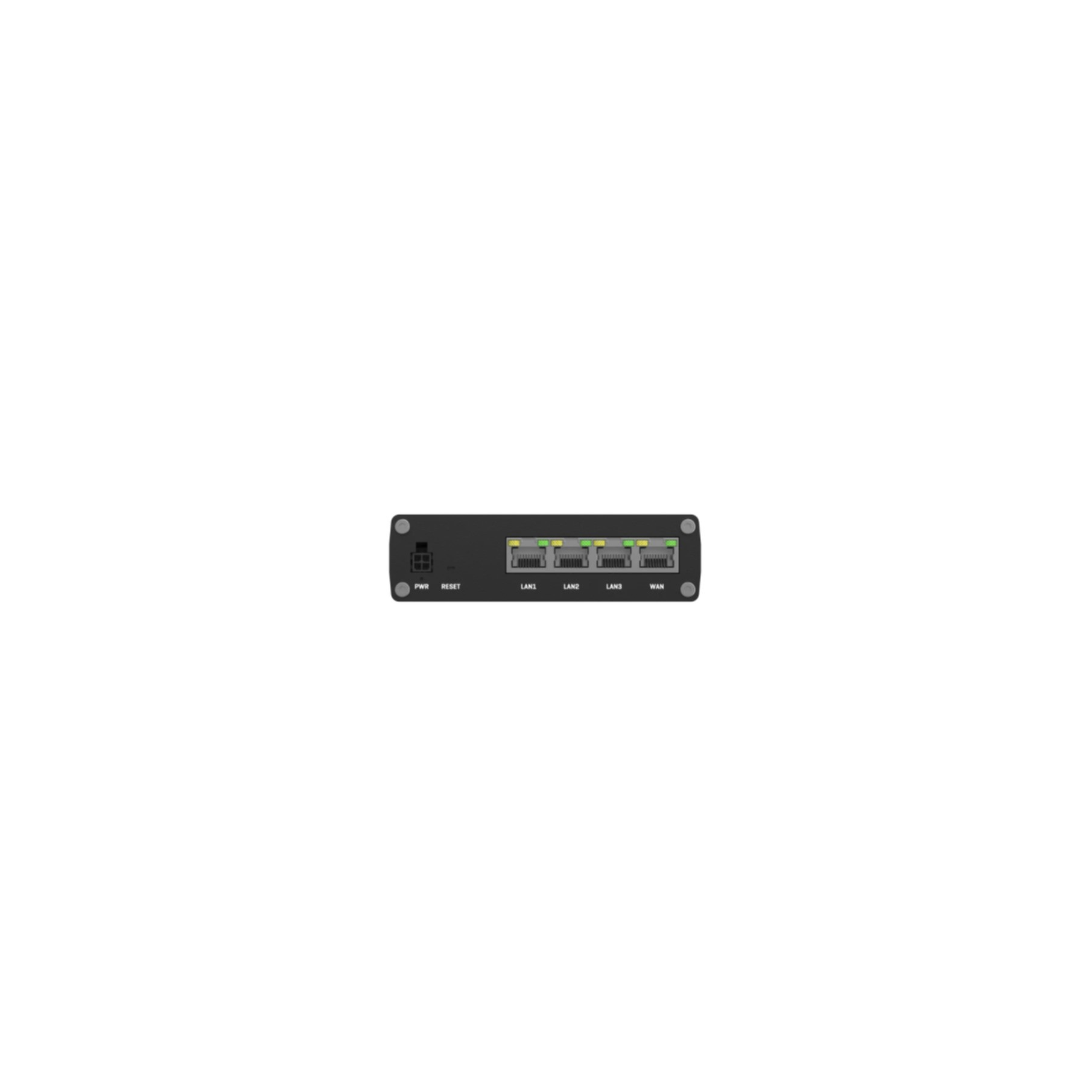 Router nero con porte PWR, RESET, LAN1, LAN2, LAN3, WAN. Quattro luci verdi.