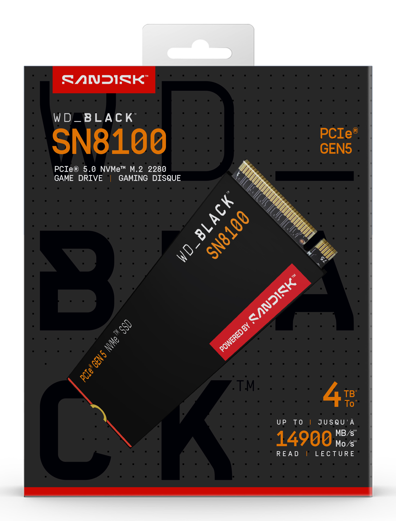 Emballage d'un SSD NVMe WD_BLACK SN8100 4TB PCIe 5.0 noir avec des accents orange.