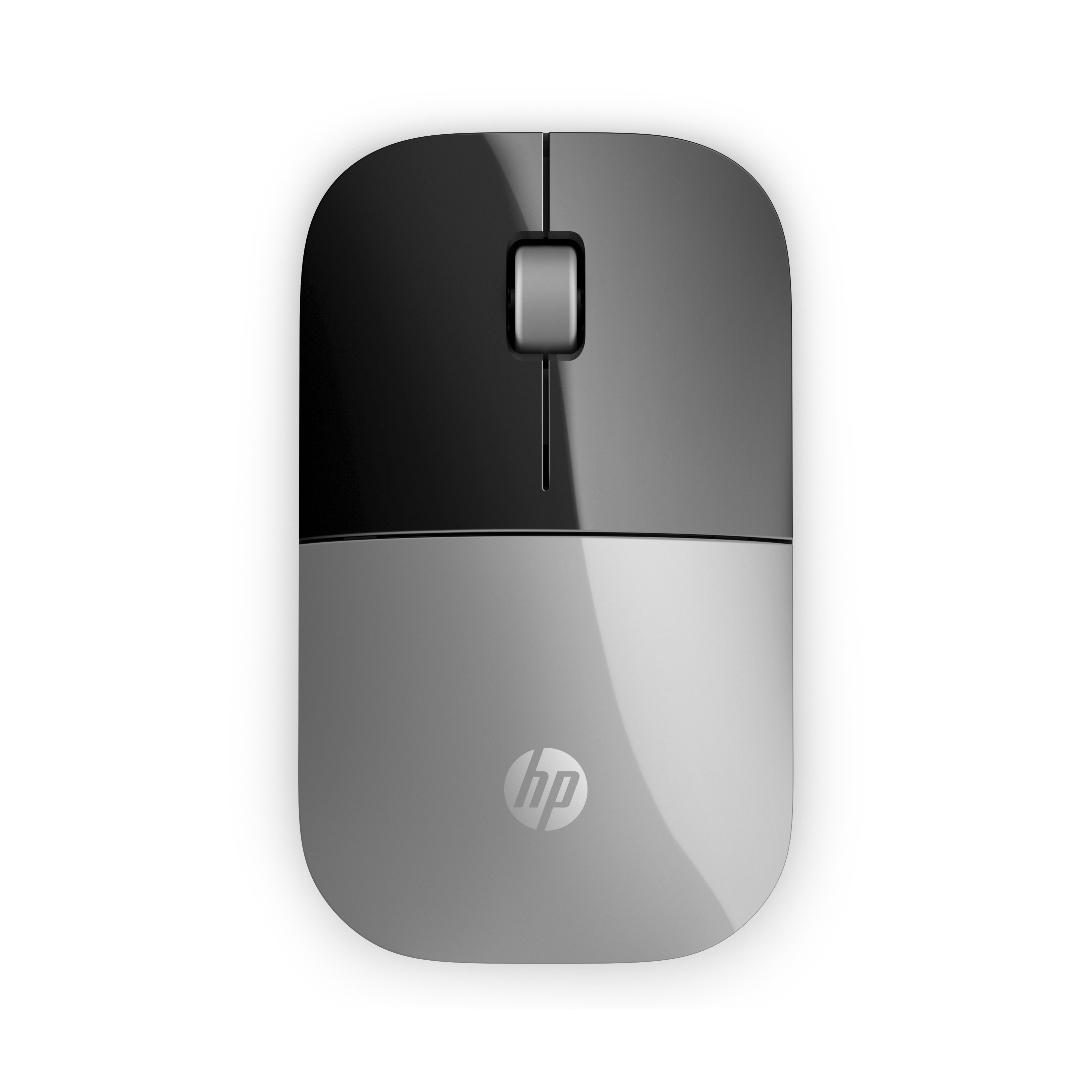 Un ratón de ordenador HP bicolor, negro arriba con base plateada y logo HP.