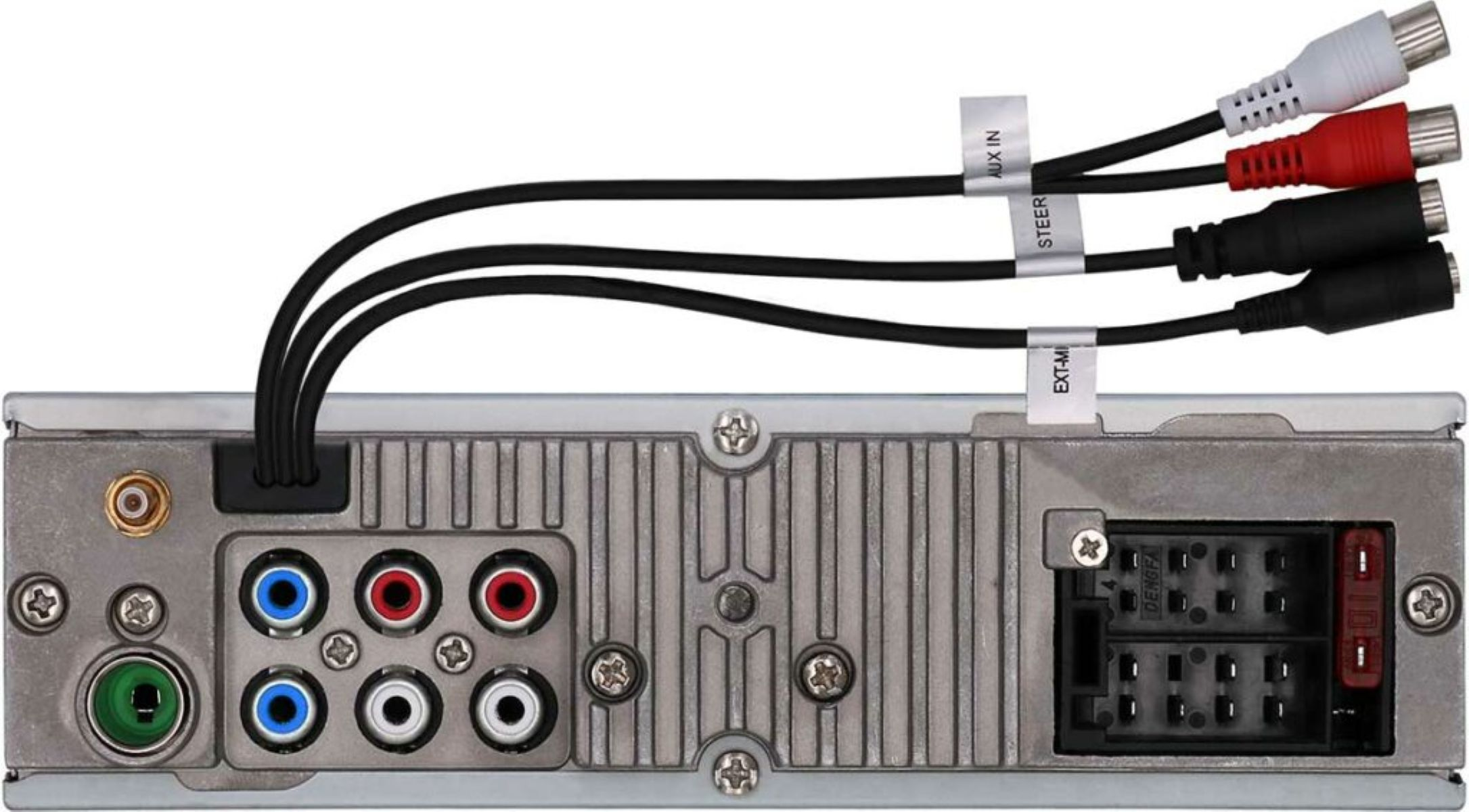 Rückseite eines Autoradios mit Cinch-Eingängen, grünem Stecker und Mehrfachsteckern.