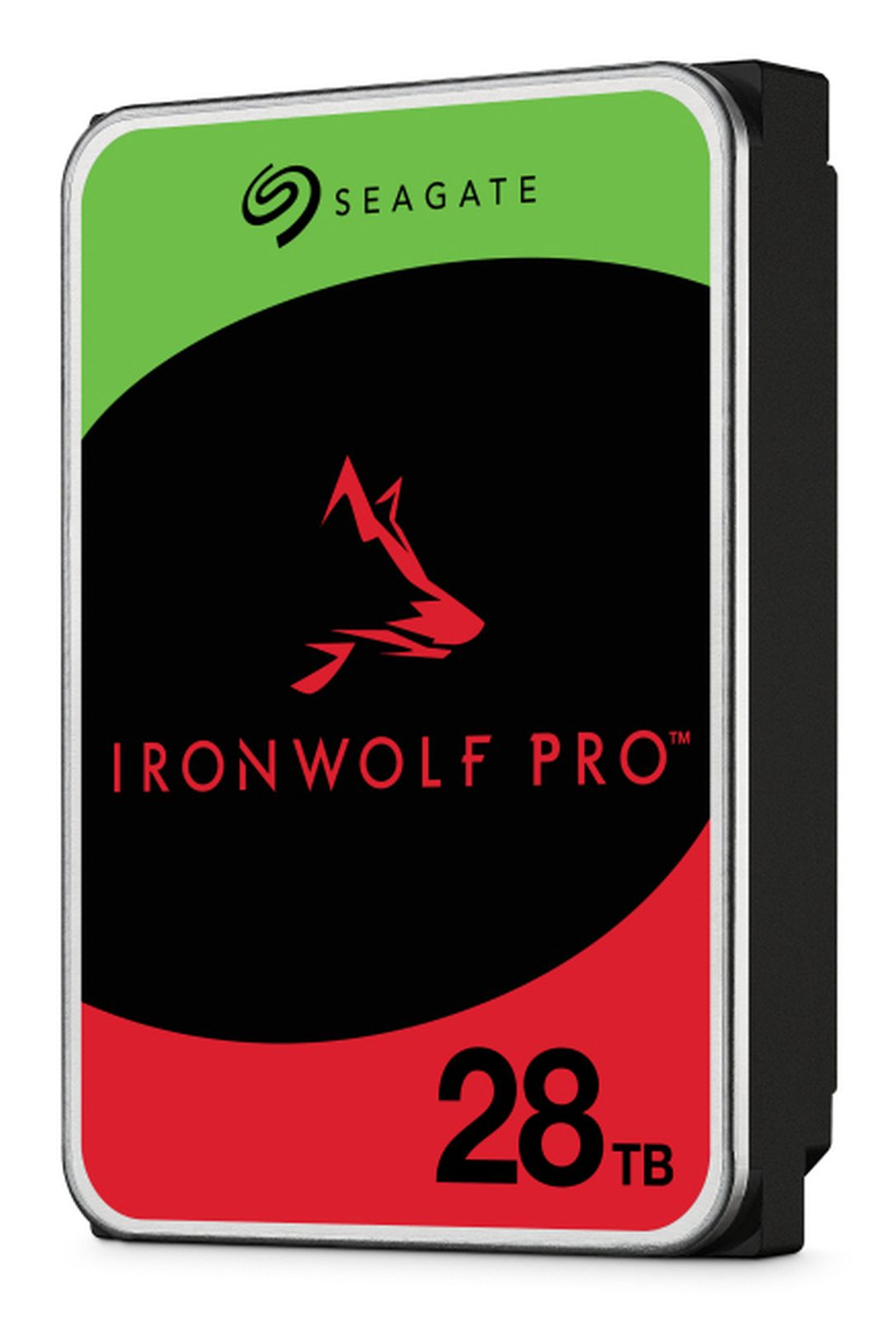 Seagate IronWolf Pro 28TB Festplatte mit rotem Wolfskopf-Logo auf schwarzem Hintergrund.