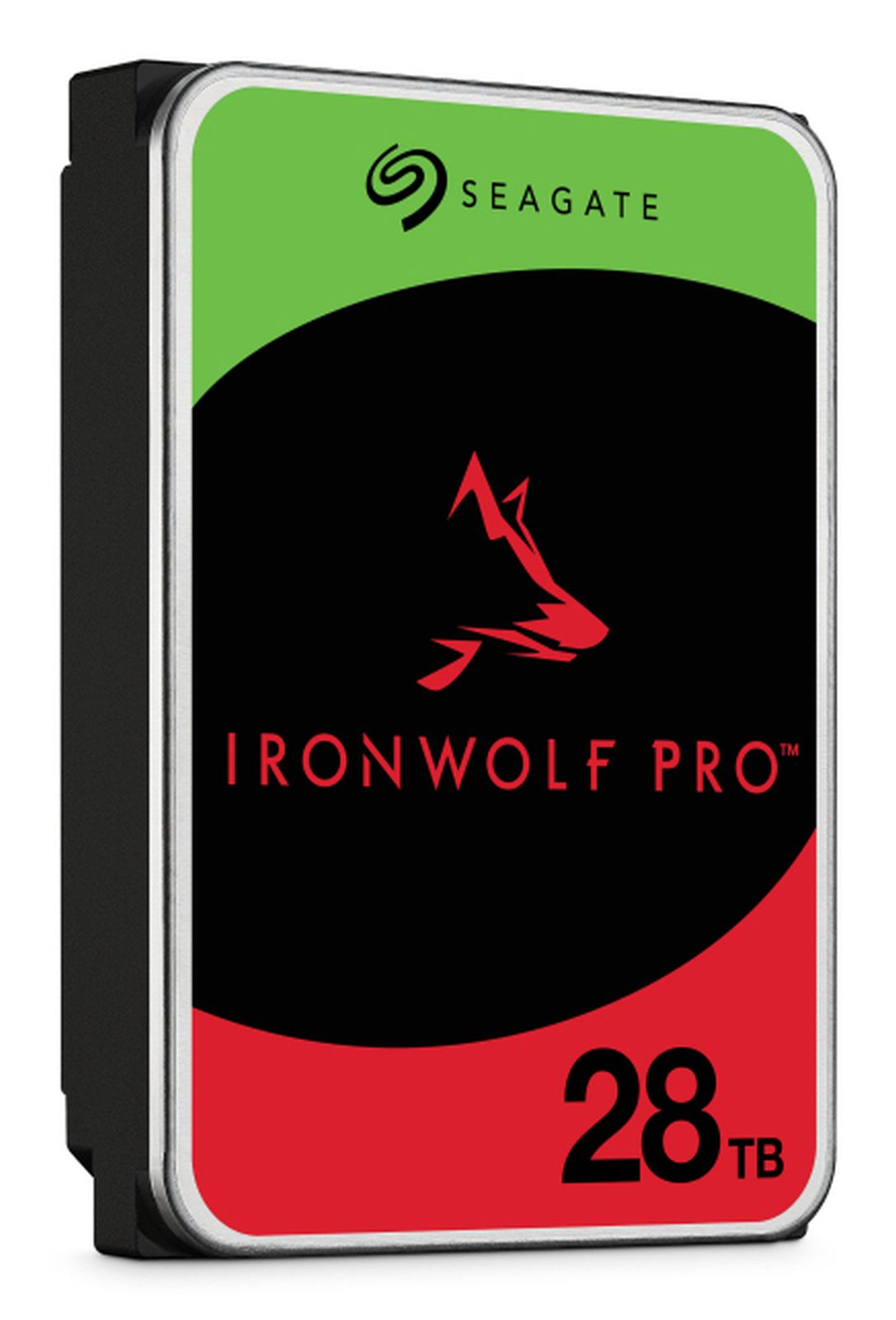 Seagate IronWolf Pro 28TB HDD mit rotem Wolfslogo auf schwarz-rotem Hintergrund.