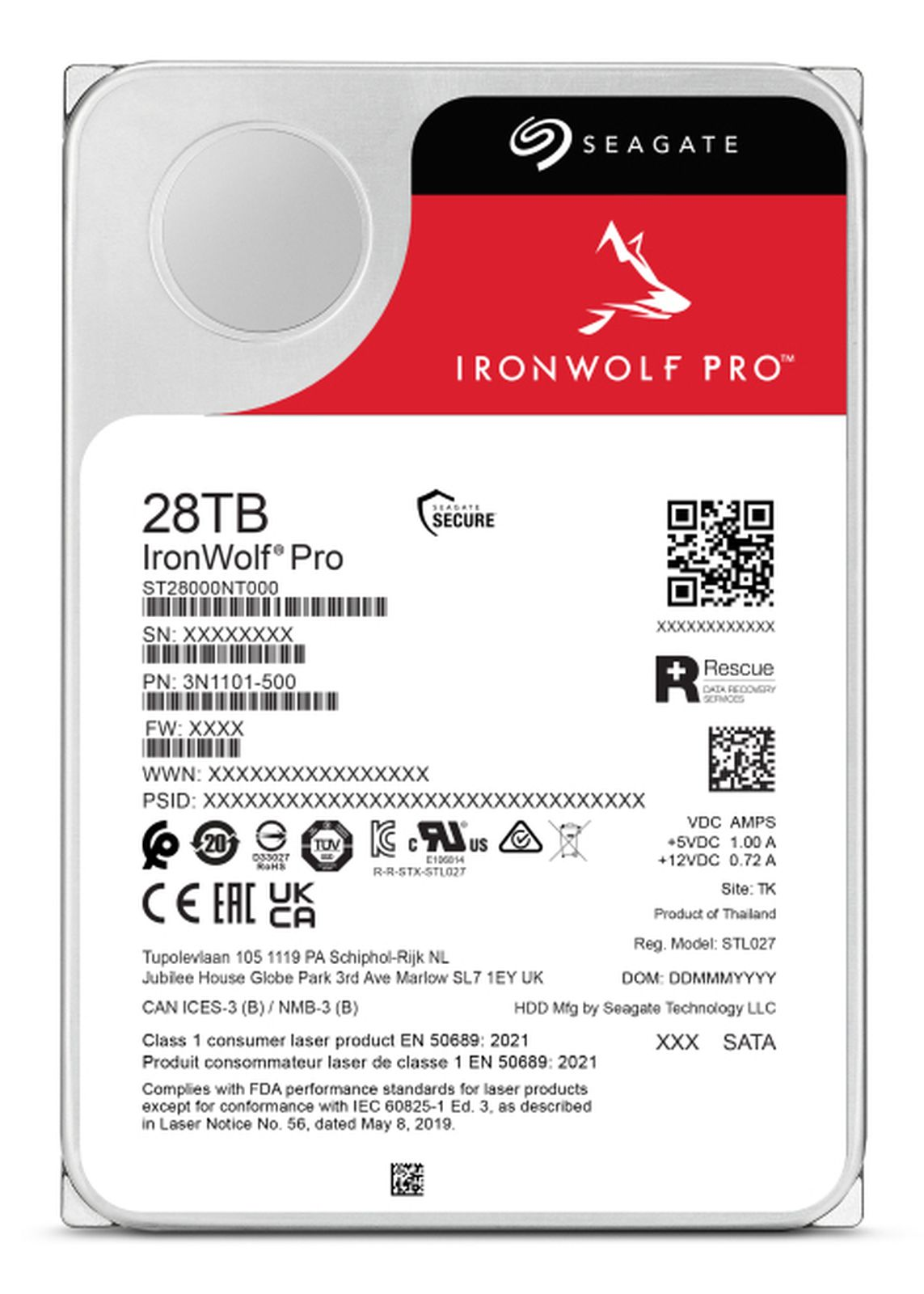 Ein 28TB Seagate IronWolf Pro Festplatten-Label mit QR-Codes und Zertifizierungen.