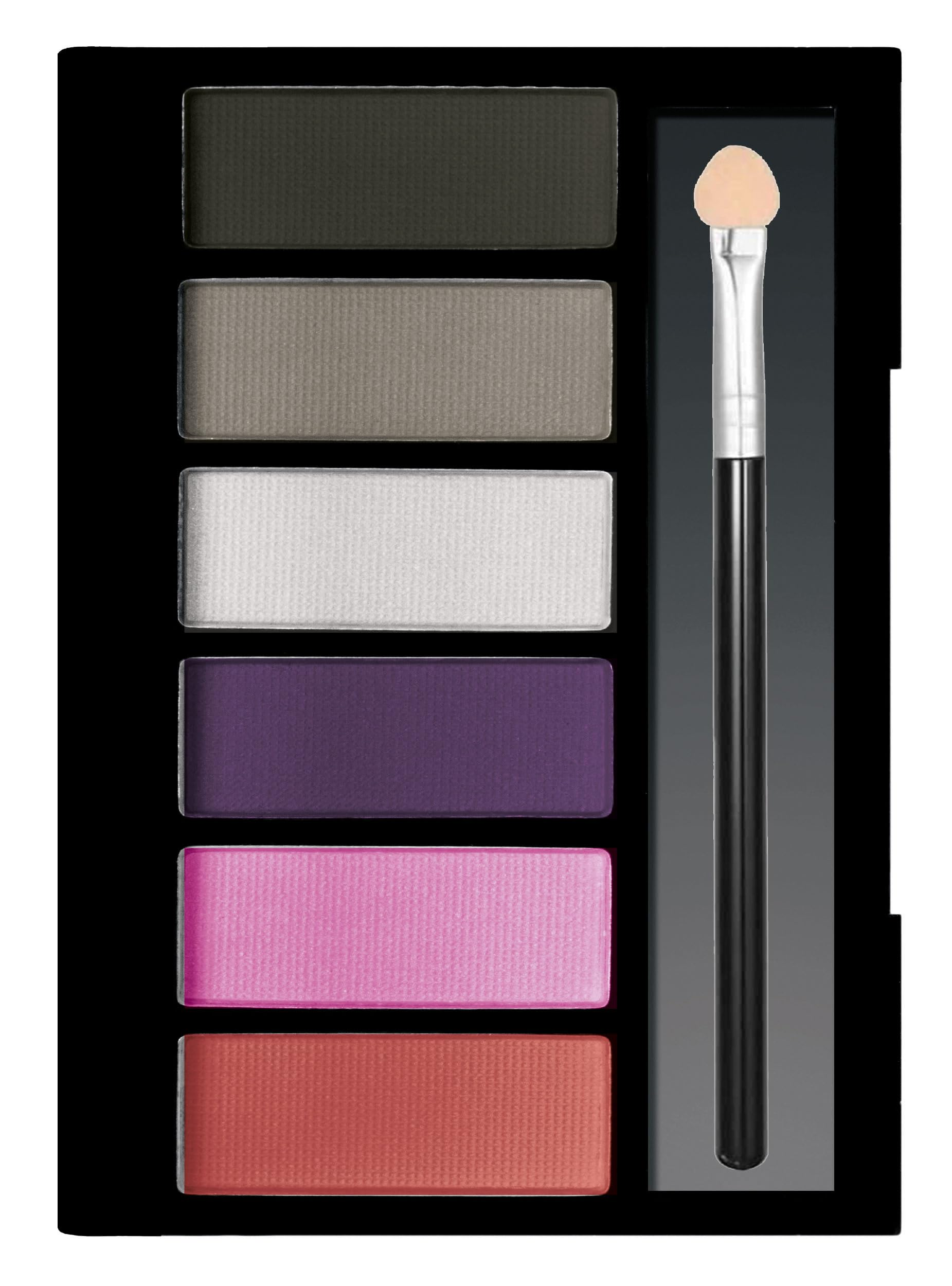 Palette di ombretti con sei colori: grigio scuro, grigio, bianco, viola, rosa e corallo. Include un applicatore.