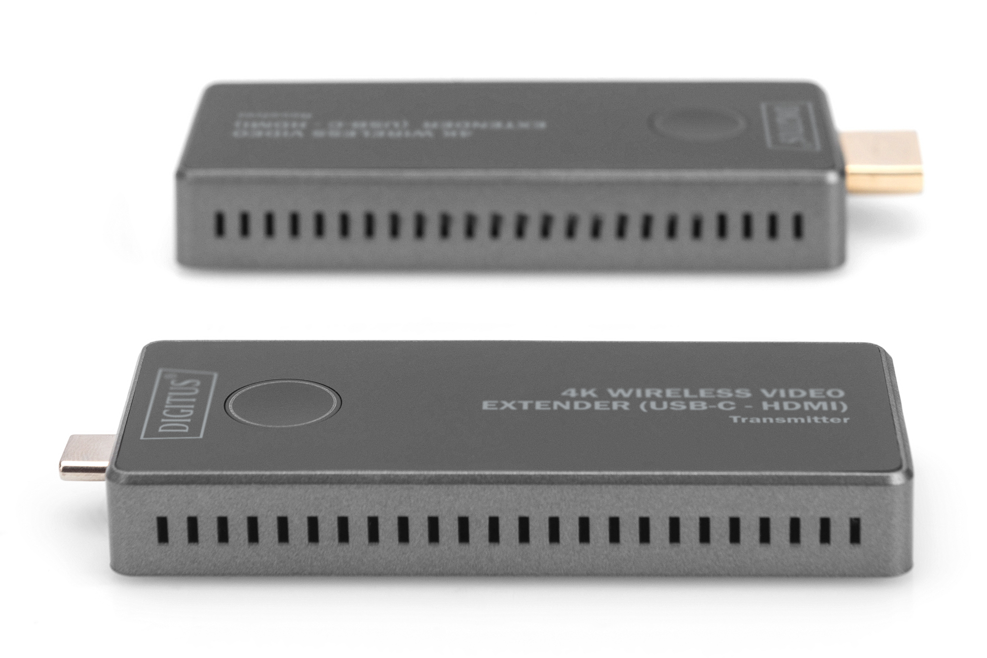 Due trasmettitori extender video wireless 4K grigi con porte USB-C e HDMI.