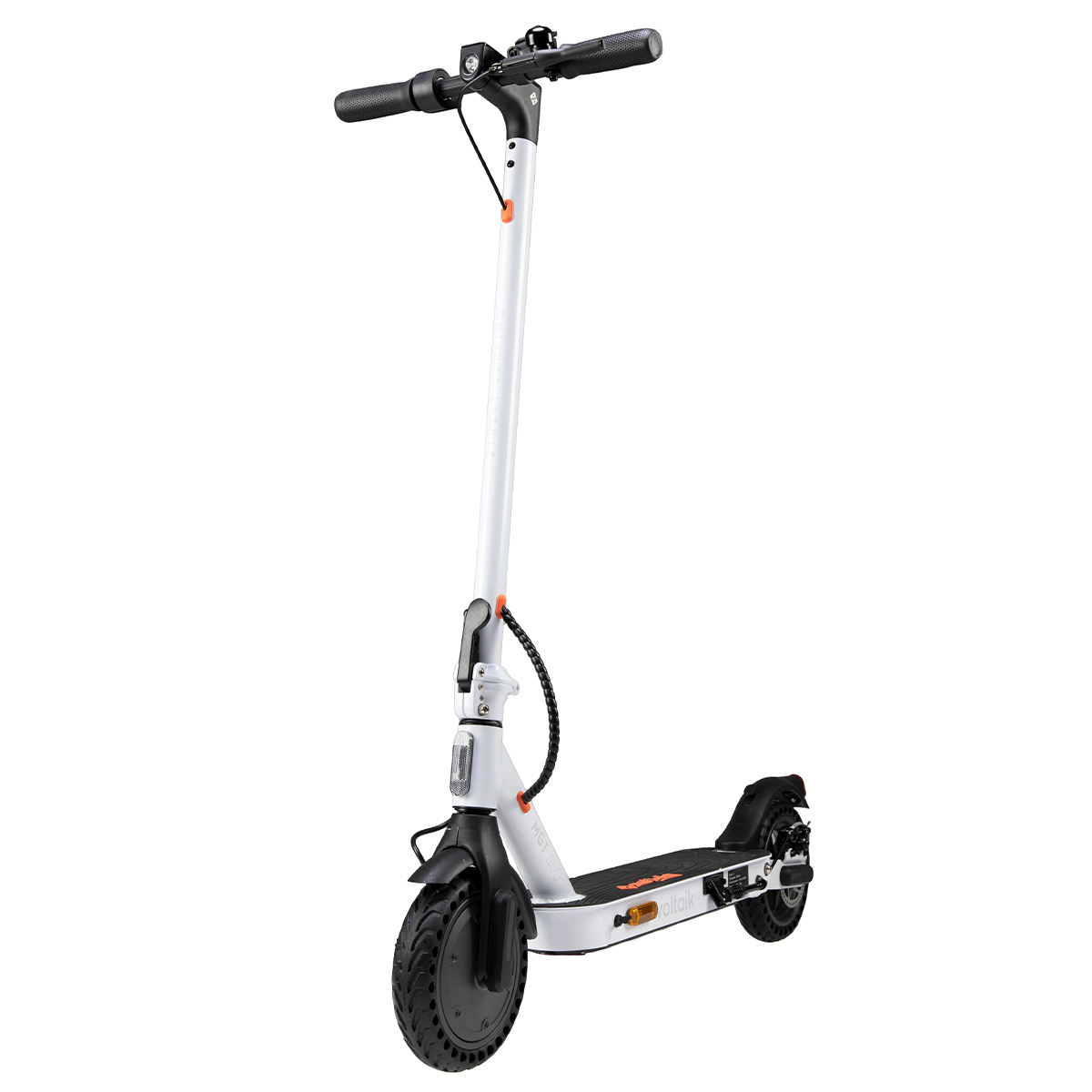 Uno scooter elettrico bianco con ruote e manubrio neri, su sfondo bianco.