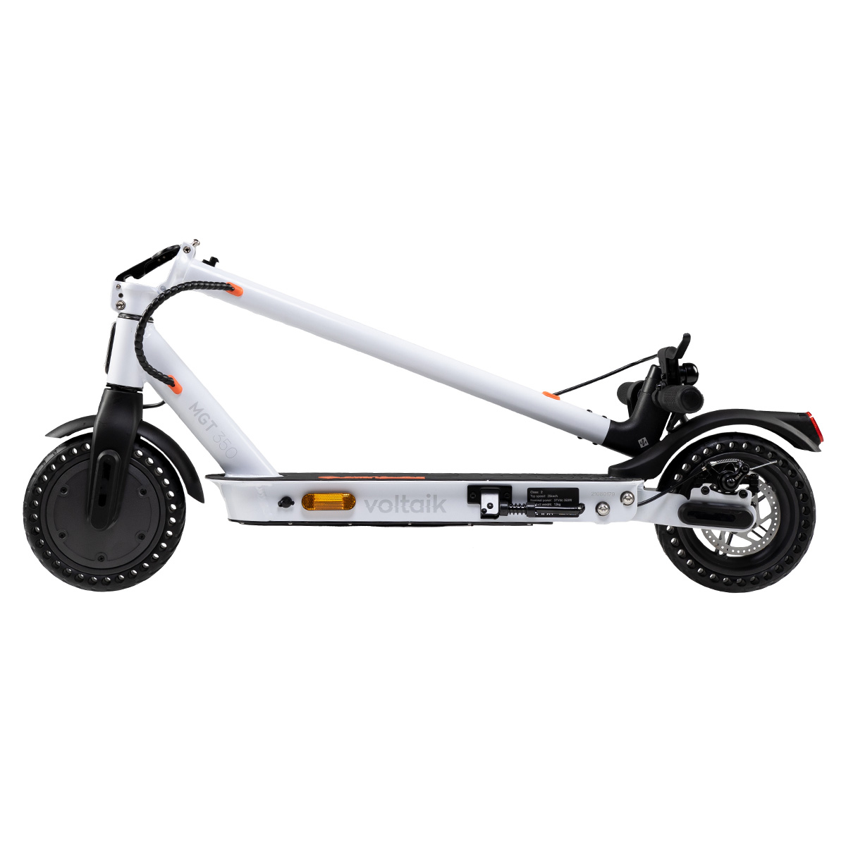 Uno scooter elettrico bianco con ruote e dettagli neri, su sfondo bianco.