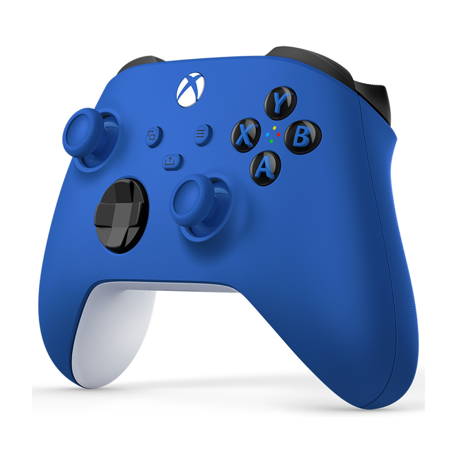 Een blauwe Xbox controller met witte handvatten en zwarte knoppen op witte achtergrond.