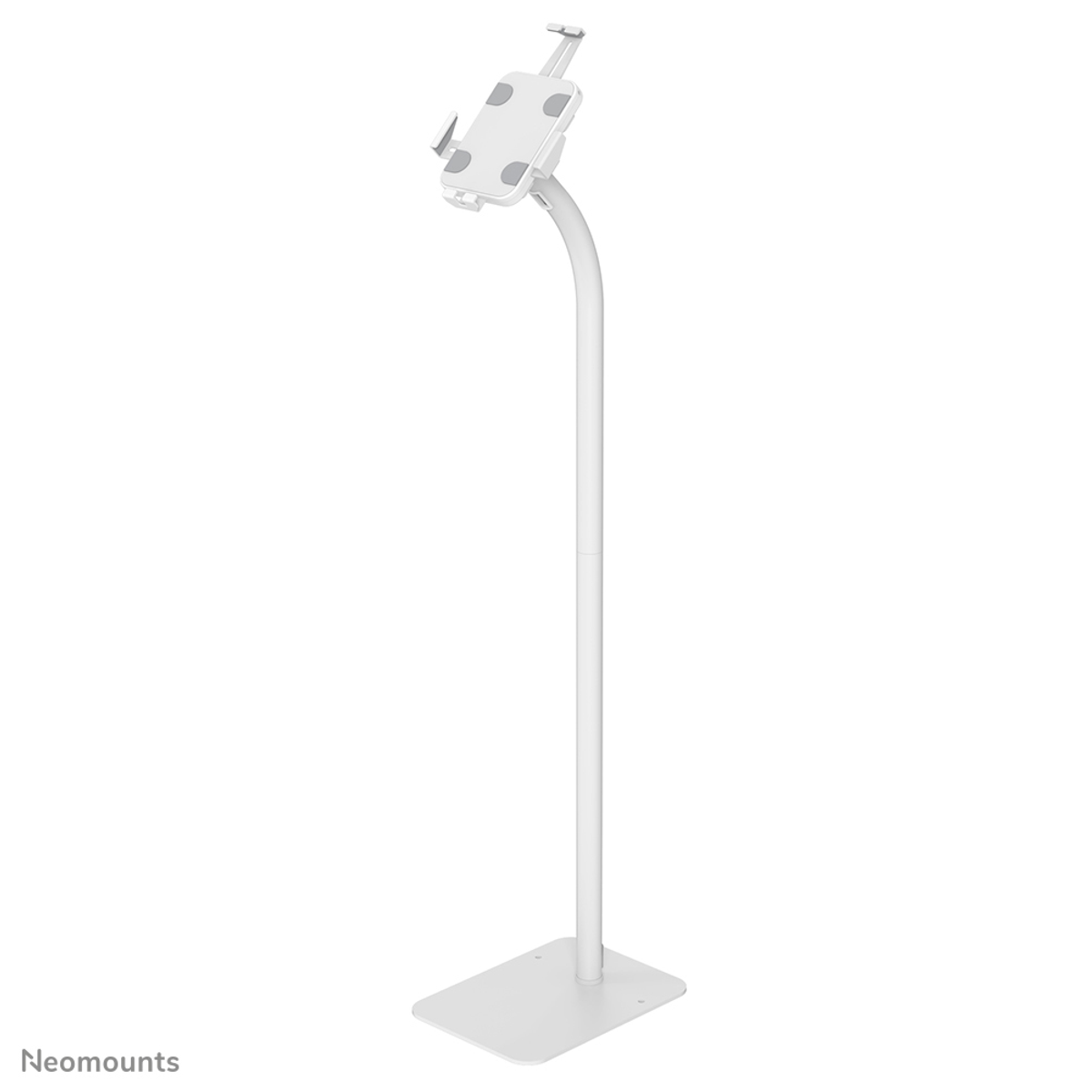 Supporto bianco per tablet con collo flessibile e base quadrata su sfondo bianco.