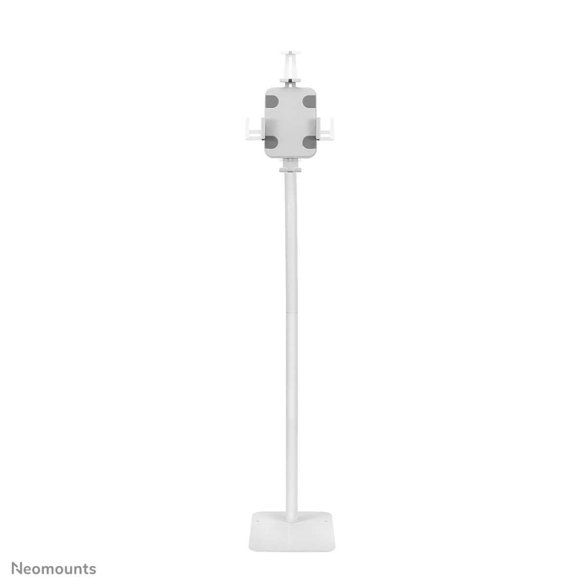 Un supporto da pavimento bianco con morsetto per un dispositivo, su sfondo bianco.