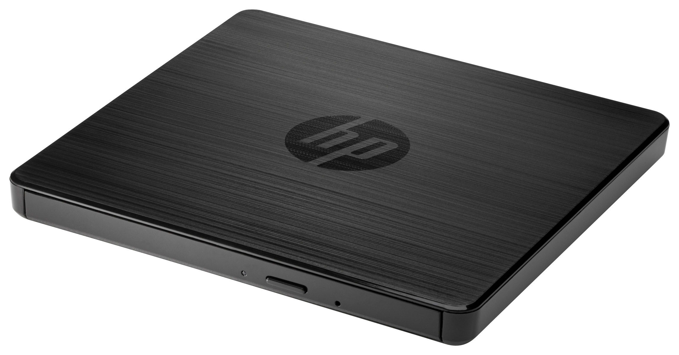 Grabadora externa de DVD HP negra con superficie cepillada y logo.
