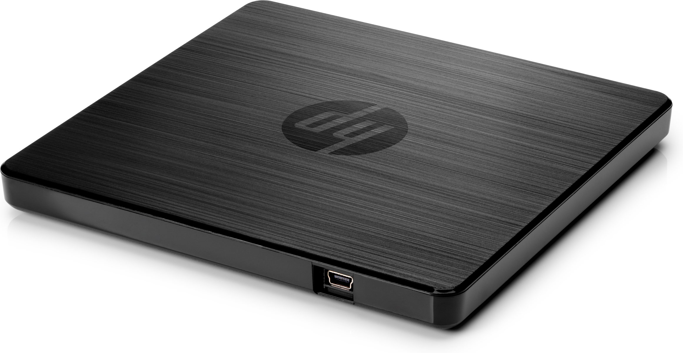 Una unidad externa de DVD HP negra con acabado de metal cepillado y puerto USB.