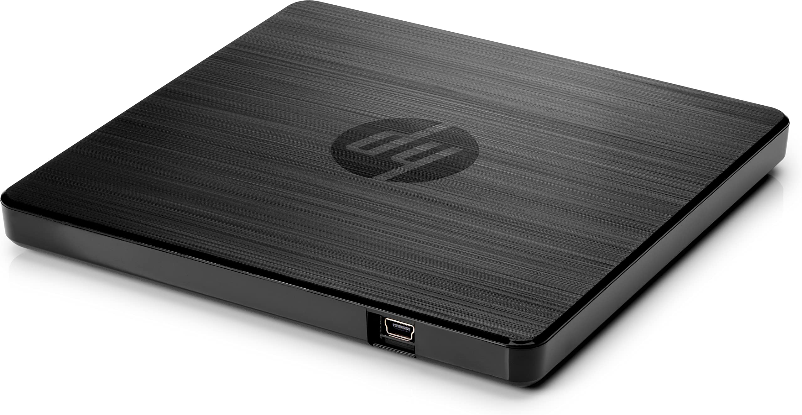 Unidad externa de CD/DVD HP negra con acabado cepillado y puerto USB.