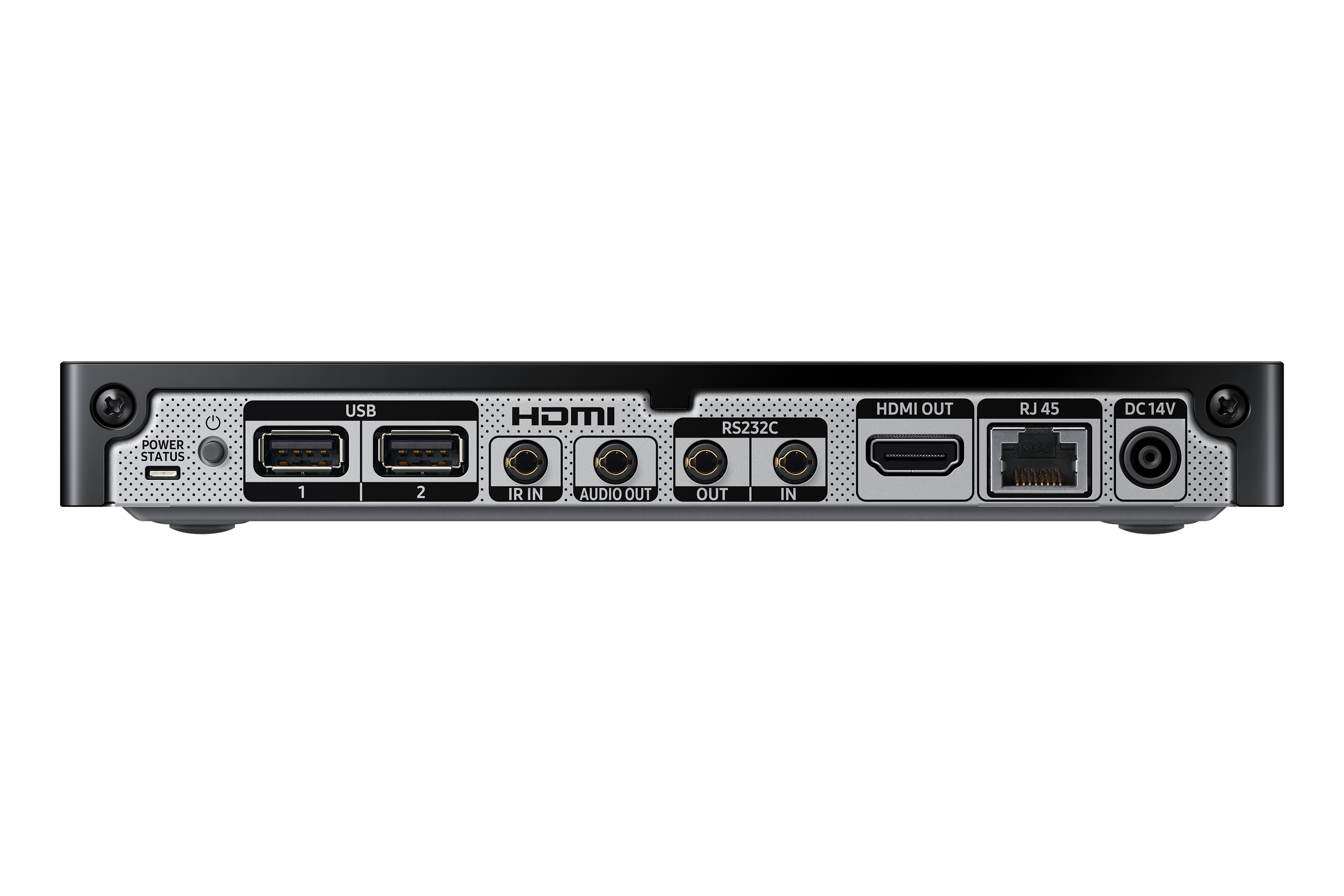 Vista posteriore di un dispositivo con porte: USB, HDMI, RS232C, IR, Audio, RJ45 e DC 14V.