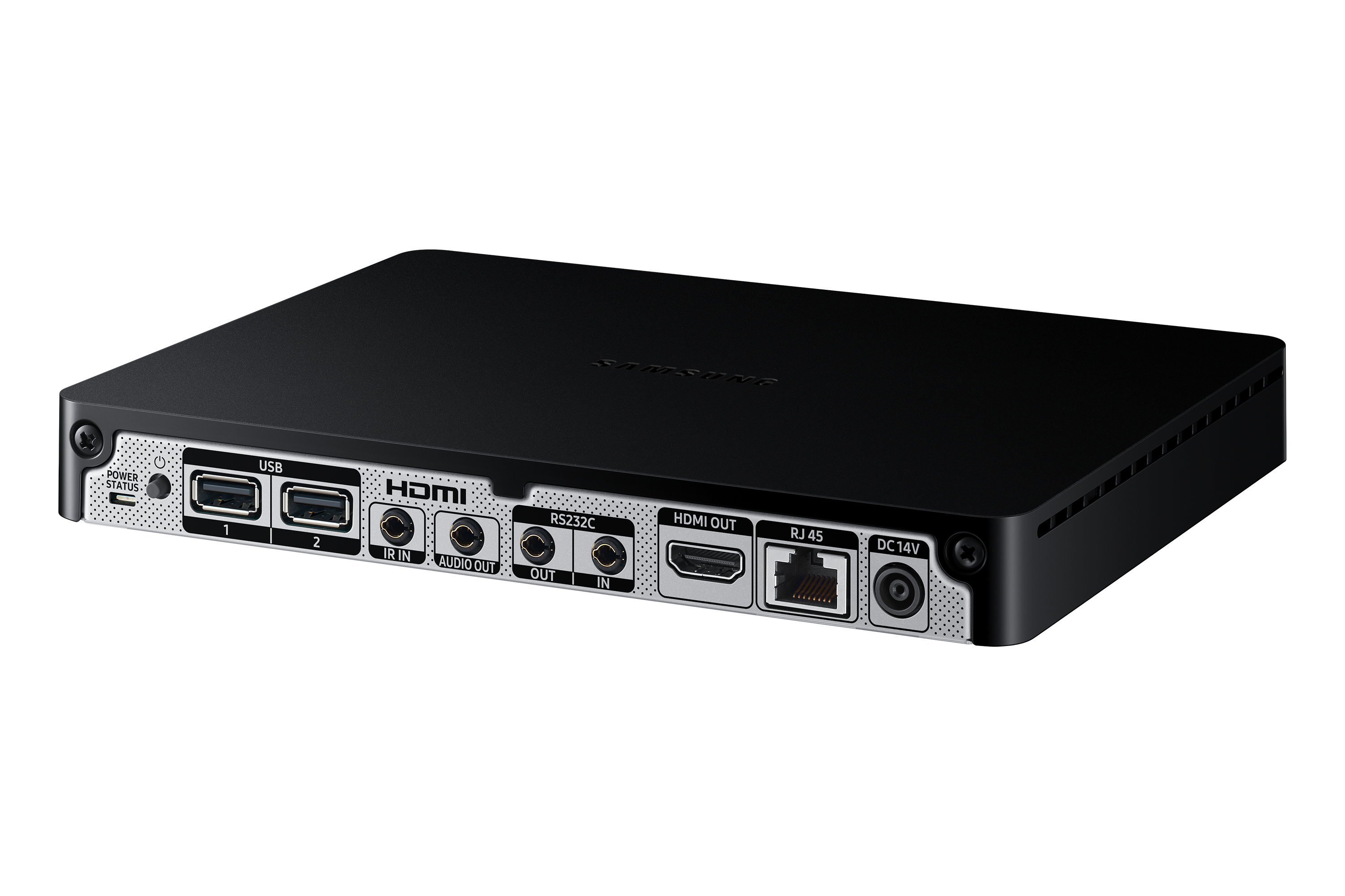 Dispositivo Samsung nero con porte: USB, HDMI, RS232C, RJ45, DC 14V.
