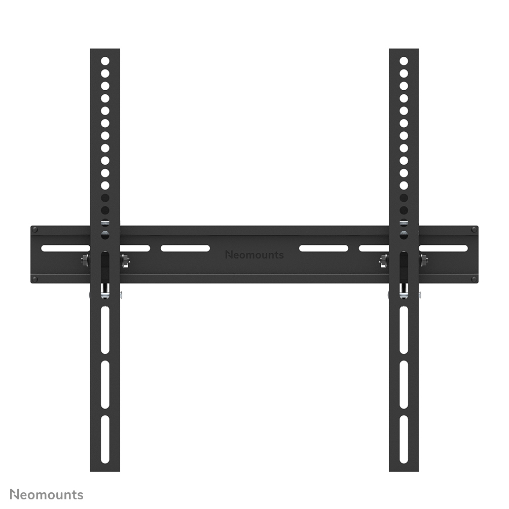 A black metal TV wall mount with adjustable arms and holes for mounting.