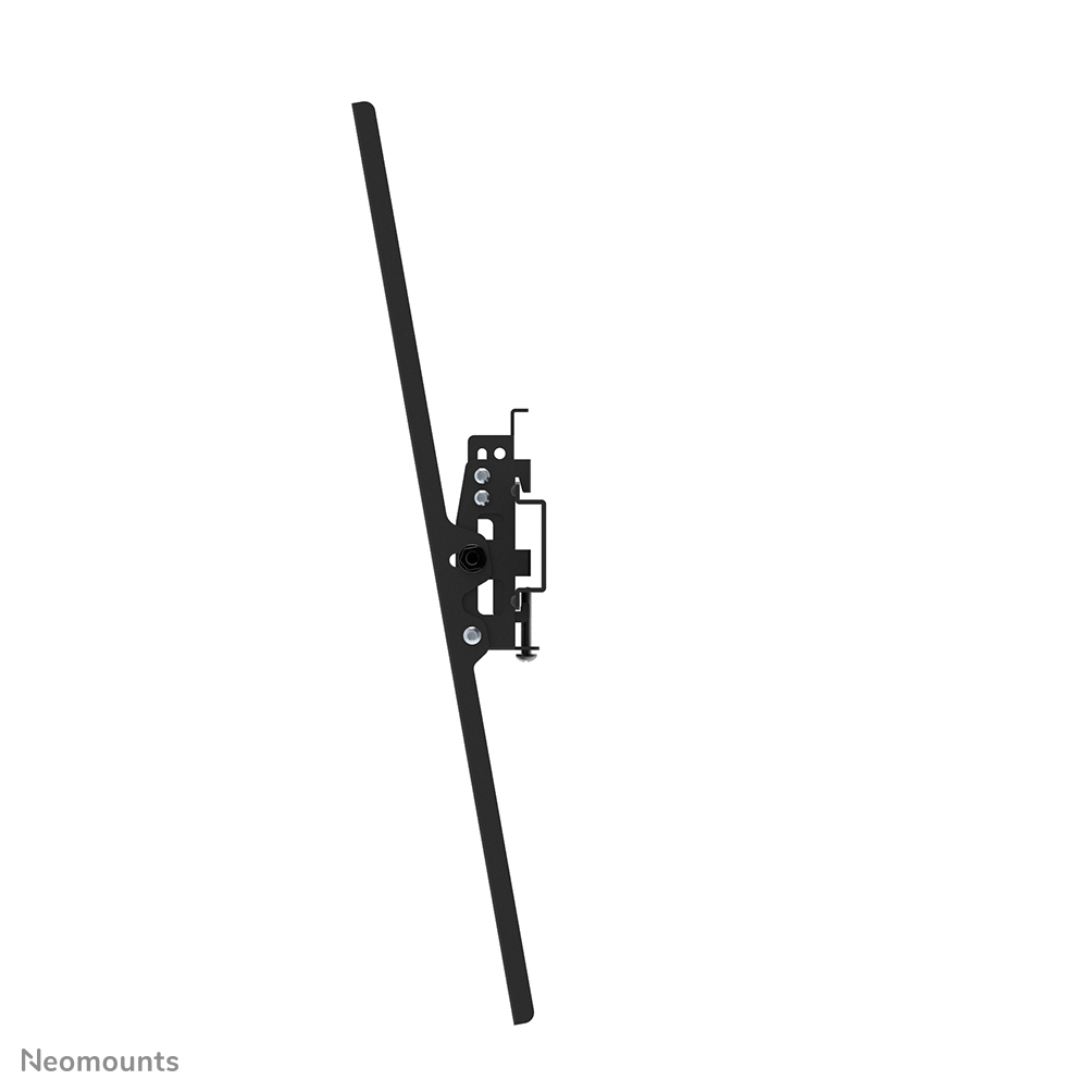 Black wall mount bracket with adjustable arms and screws, shown from the side.
