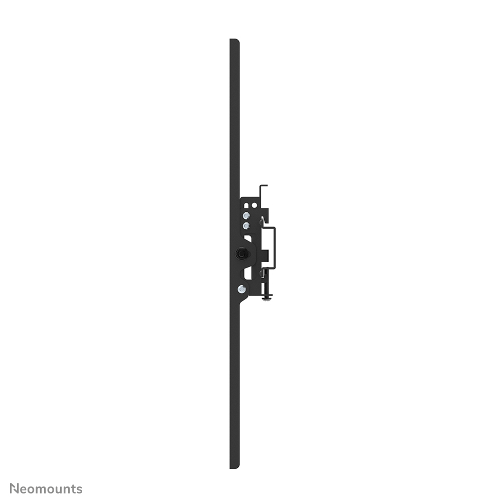 Side view of a black wall mount with adjustable arms and screws on a white background.