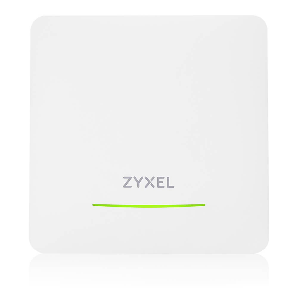 Witte Zyxel router met groene lijn indicatorlamp op witte achtergrond.