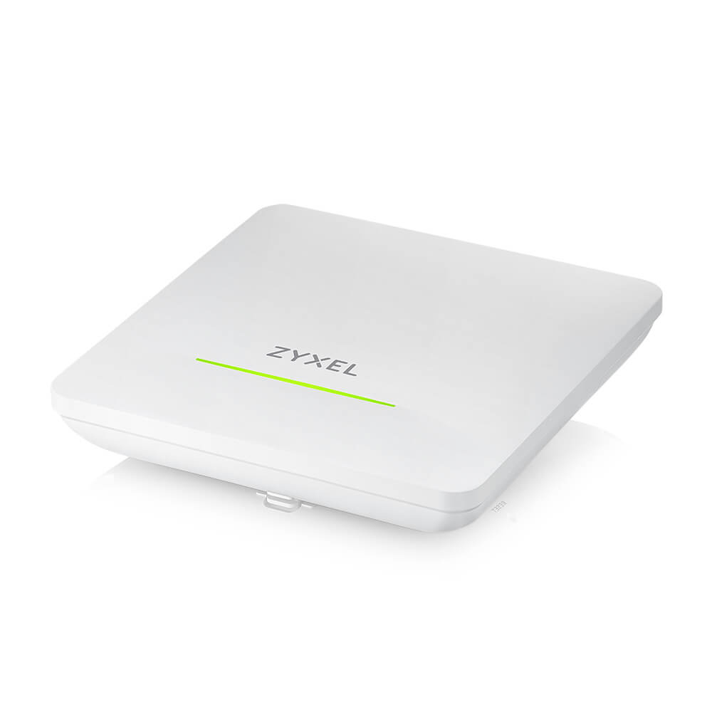Een witte Zyxel draadloze access point met een groene indicator.
