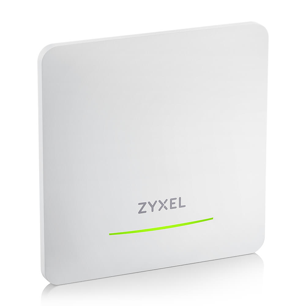 Een witte Zyxel router met groene lijn en logo op witte achtergrond.