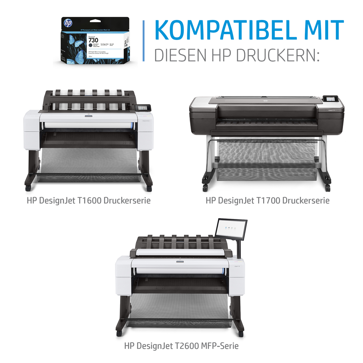 Tusz HP i trzy drukarki HP DesignJet: T1600, T1700 i T2600.