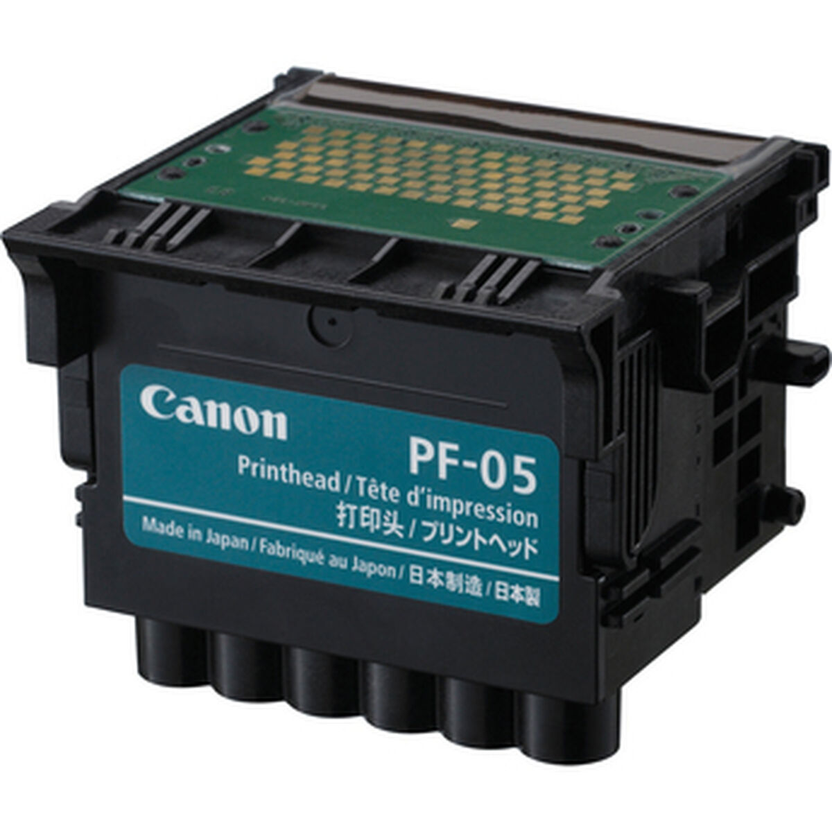 Cartuccia testina di stampa Canon PF-05 nera con circuito stampato verde e pin dorati.