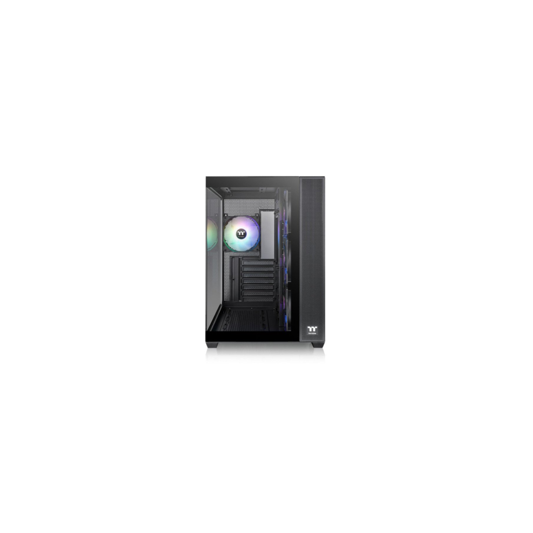 RGB fanları ve dahili bileşenleri gösteren cam yan panele sahip siyah bir PC kasası.