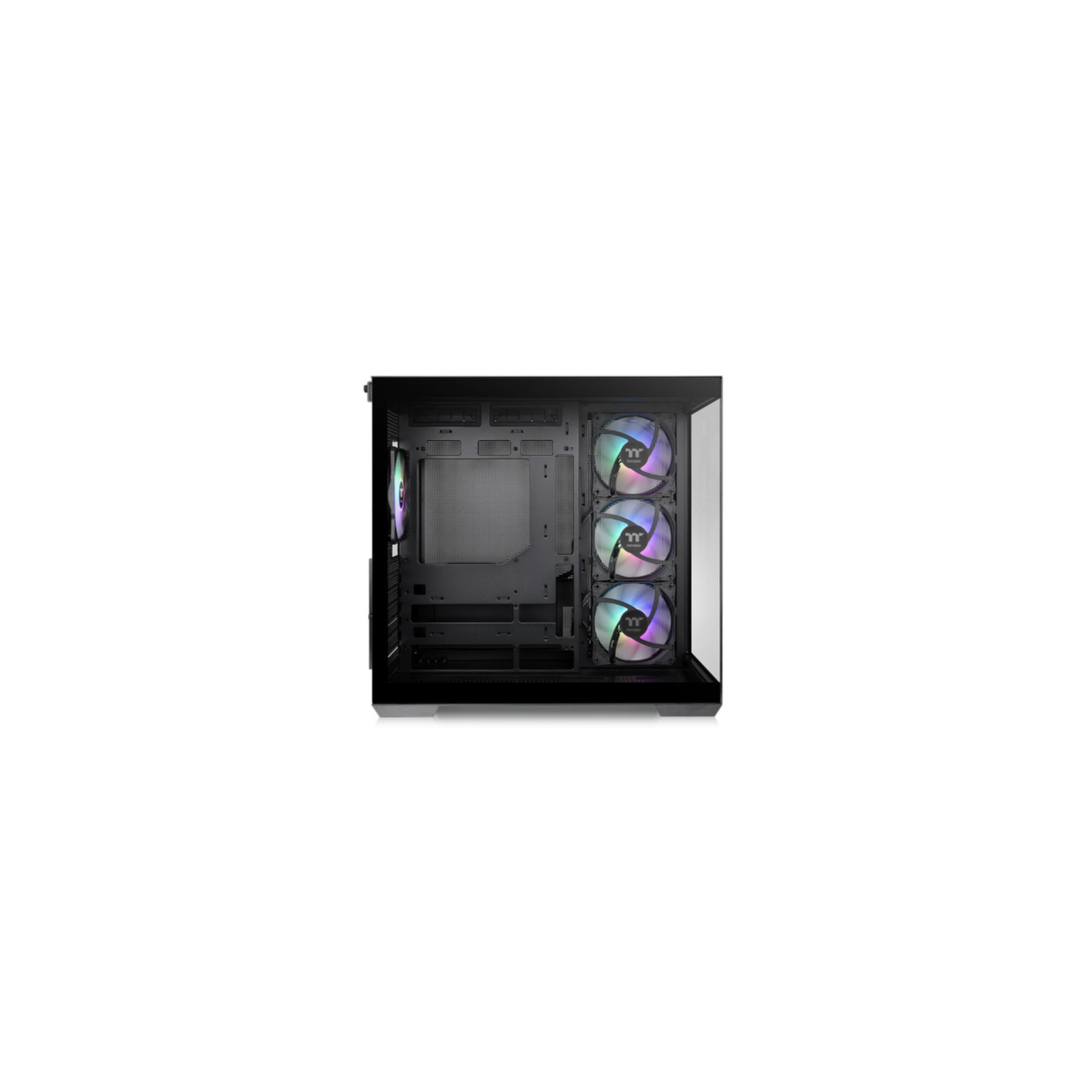 RGB fanlı ve cam ön panelli açık siyah PC kasası.