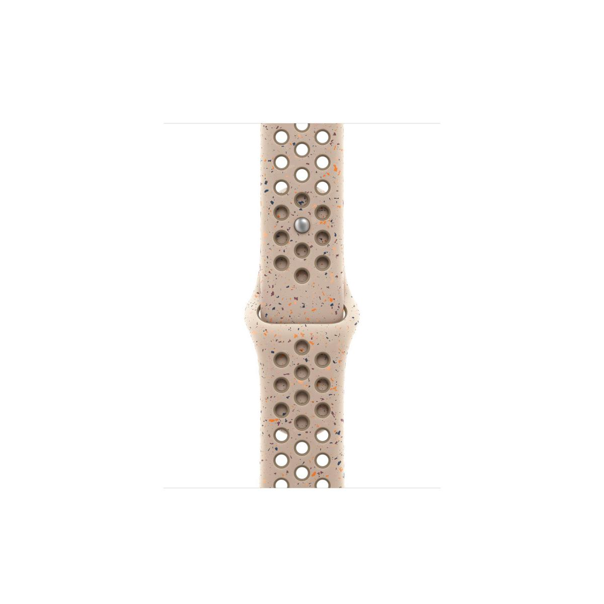 A beige watch band with speckled orange and black dots and circular perforations.