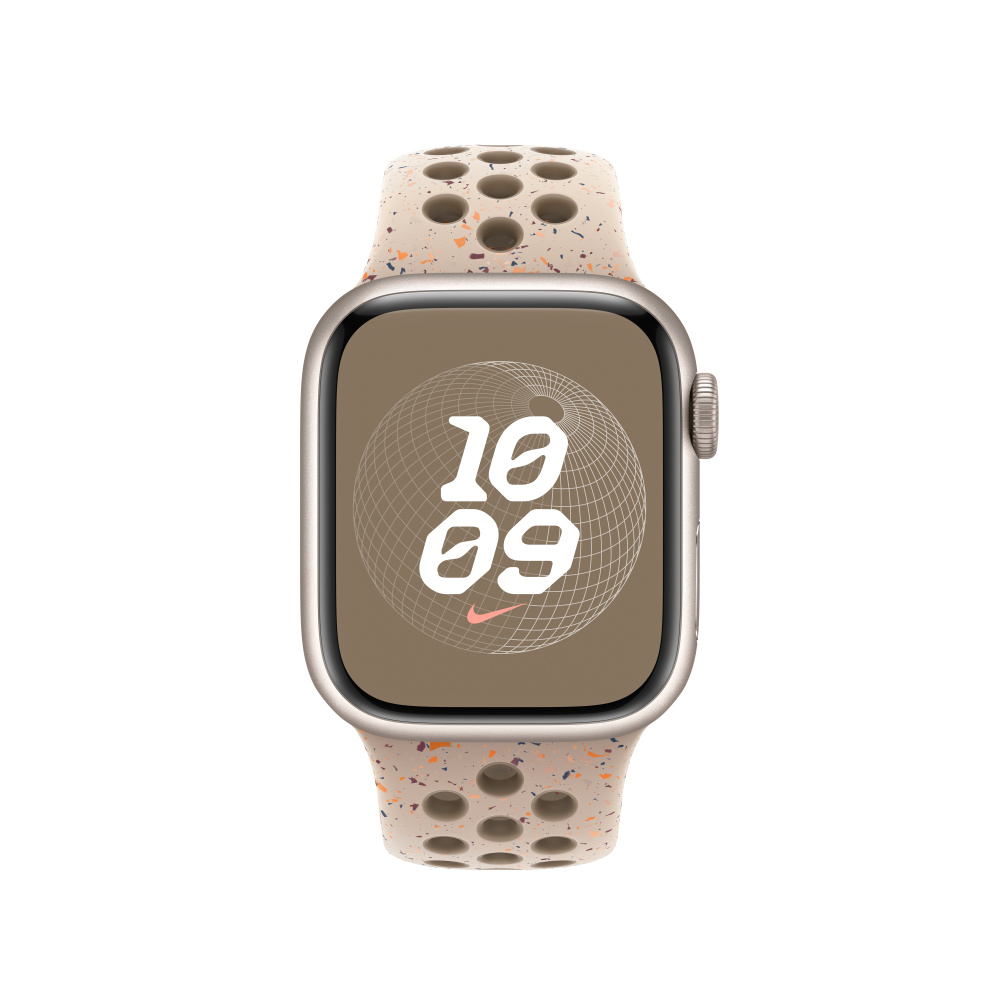 A silver Apple Watch with a speckled beige Nike band displays 10:09.