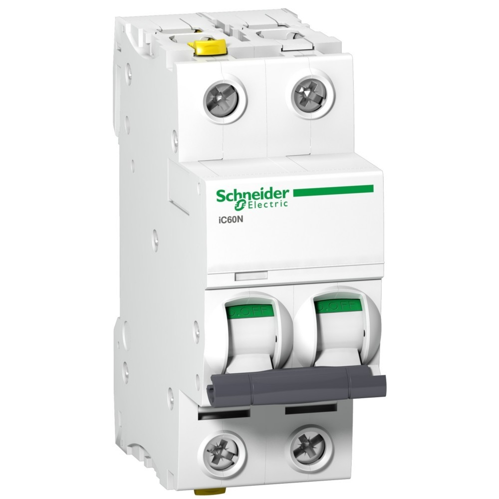 Interruttore automatico Schneider Electric bipolare bianco con pulsante di test giallo e interruttori verdi ON/OFF.