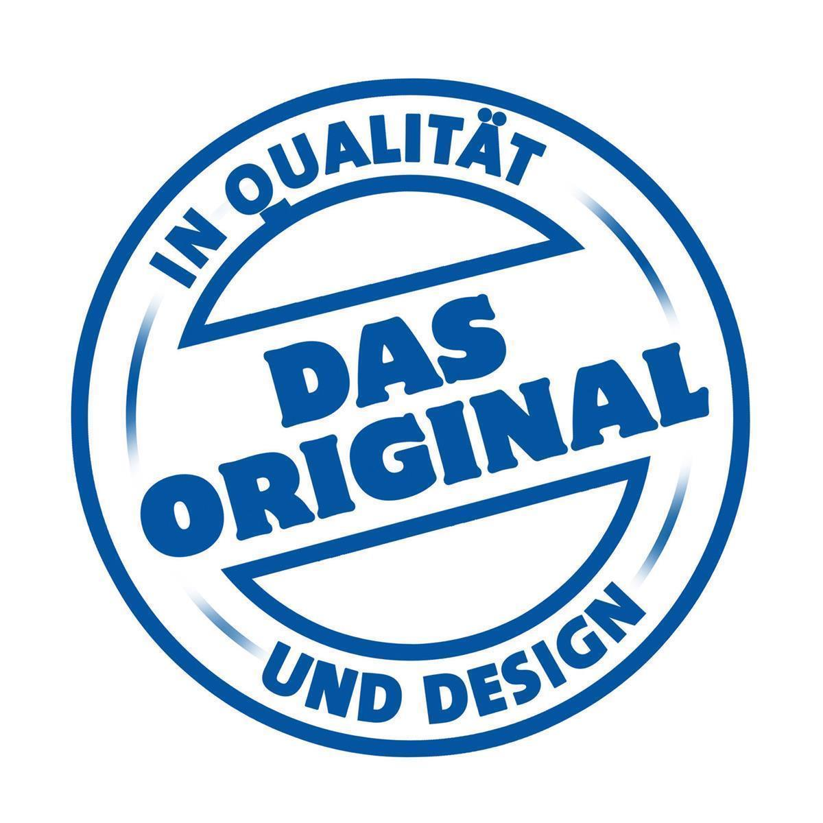Emblema circolare blu con testo 'IN QUALITÄT DAS ORIGINAL UND DESIGN'.